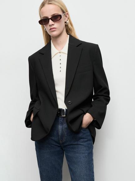 Mango Mila Single-Breasted V-Neck Blazer, Black