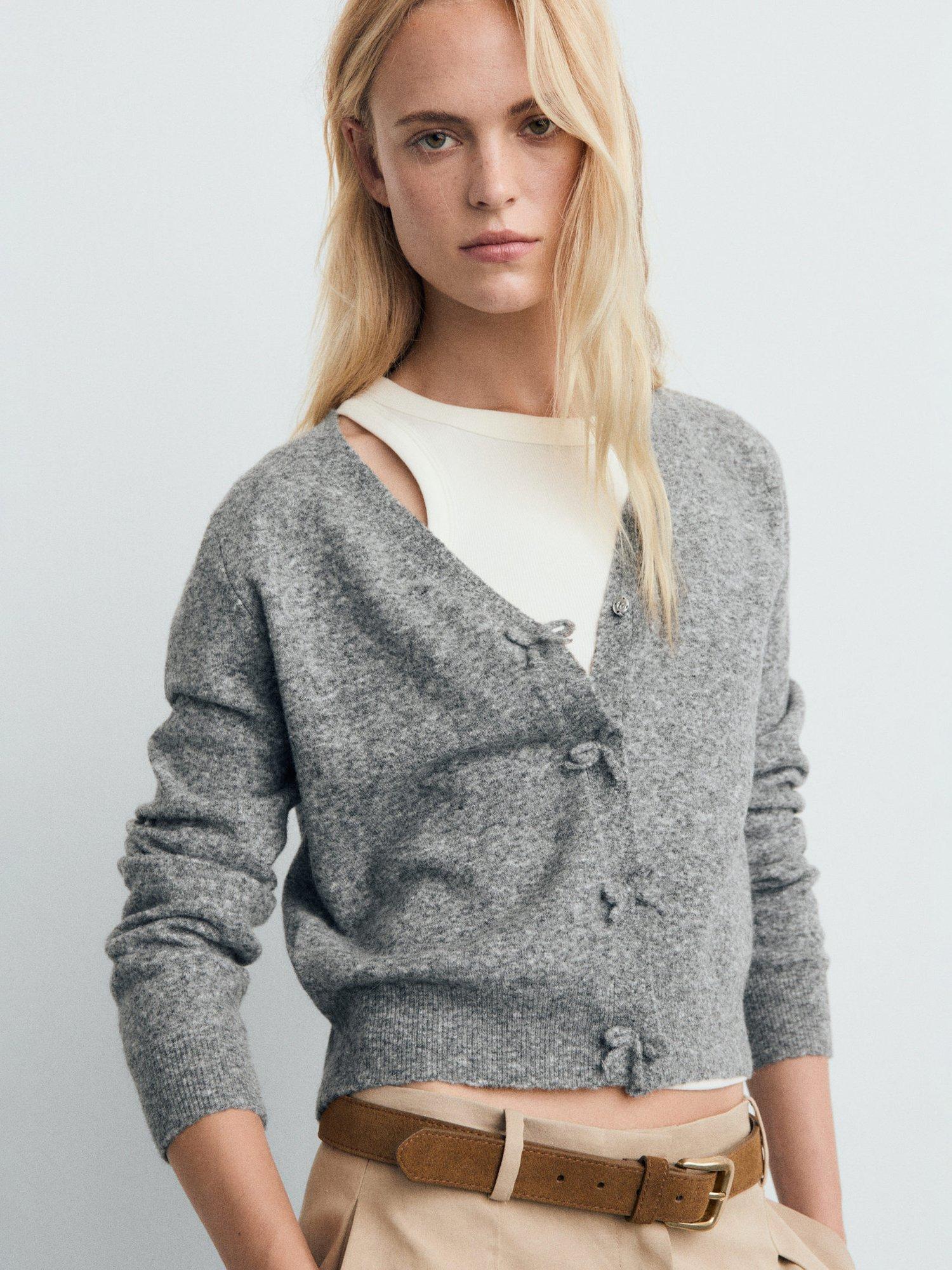Product image 1 of 7, which shows Mango Lady Fine V-Neck Wool Blend Cardigan, Medium Grey, M