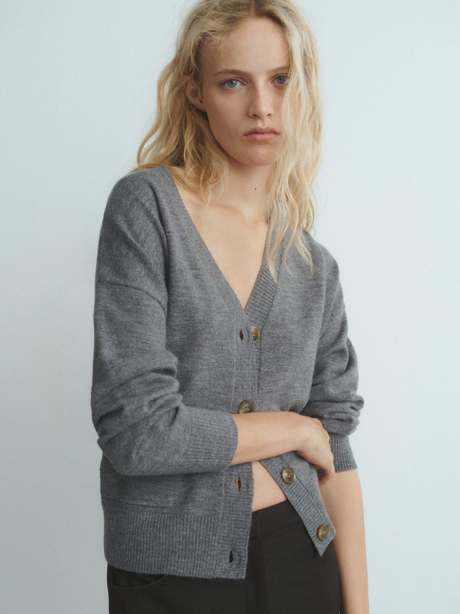 Product image 1 of 7, which shows Mango Nekko V-Neck Wool Blend Pocketed Cardigan , Medium Grey, S