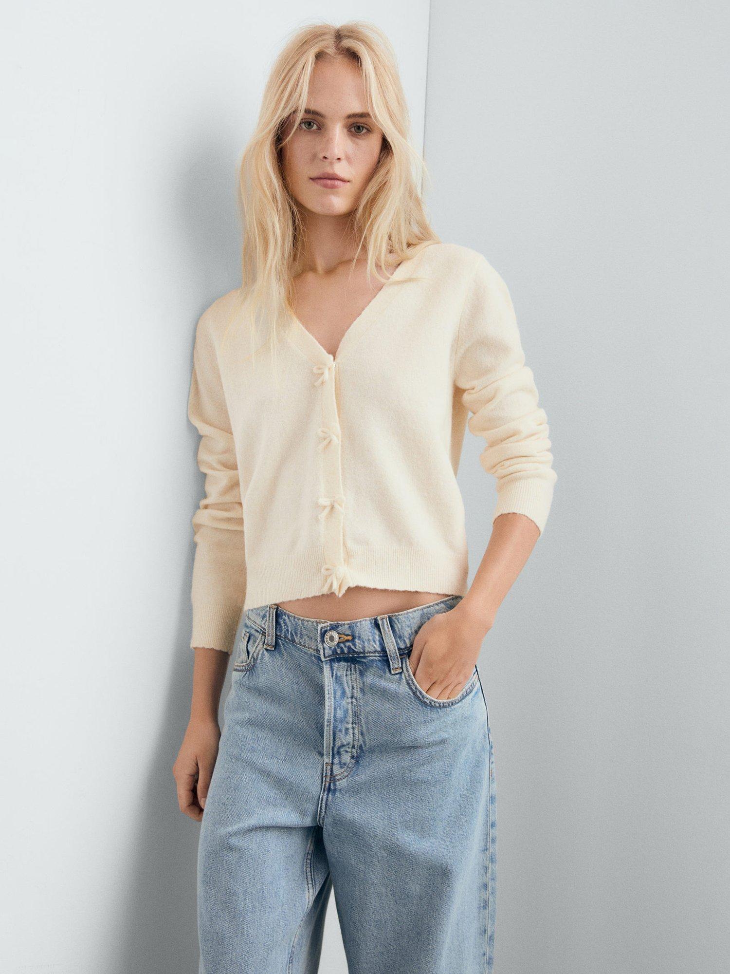 Product image 1 of 7, which shows Mango Lady Fine V-Neck Wool Blend Cardigan, Light Beige, XS