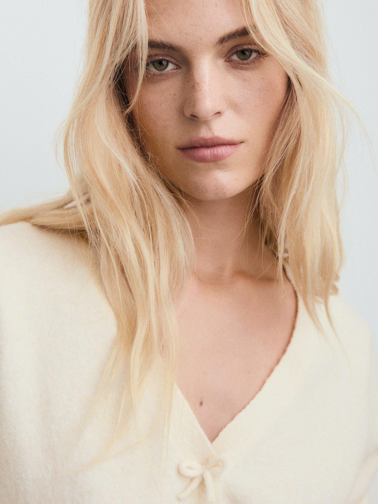 Product image 6 of 7, which shows Mango Lady Fine V-Neck Wool Blend Cardigan, Light Beige, XS