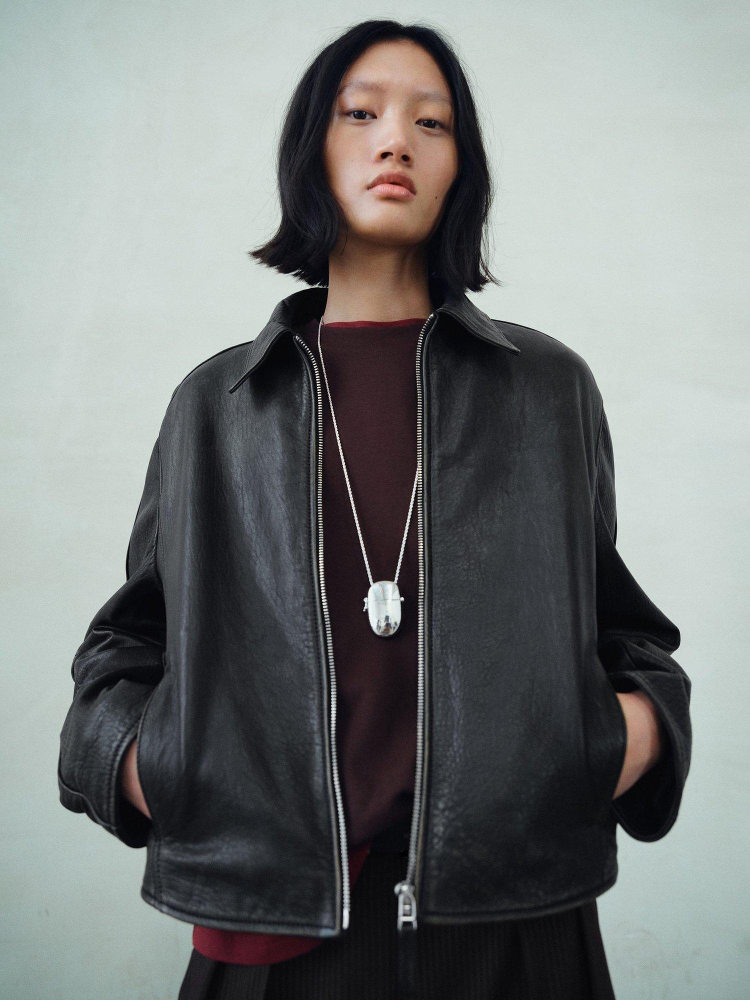 Product image 1 of 7, which shows Mango Lapels Low Suede Leather Jacket , Black, XXL