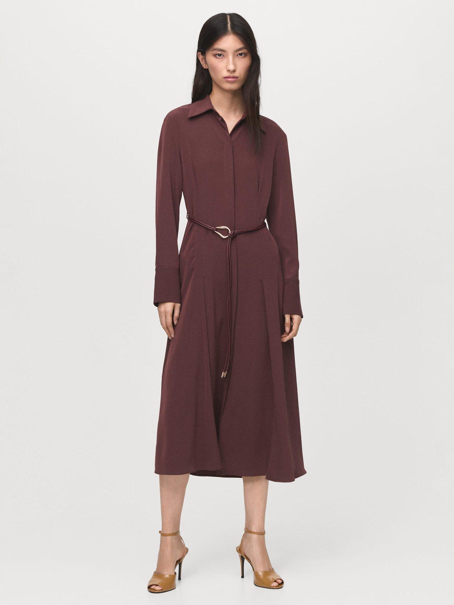 Product image 1 of 8, which shows Mango Cadet Belted Shirt Dress, Dark Red, 10
