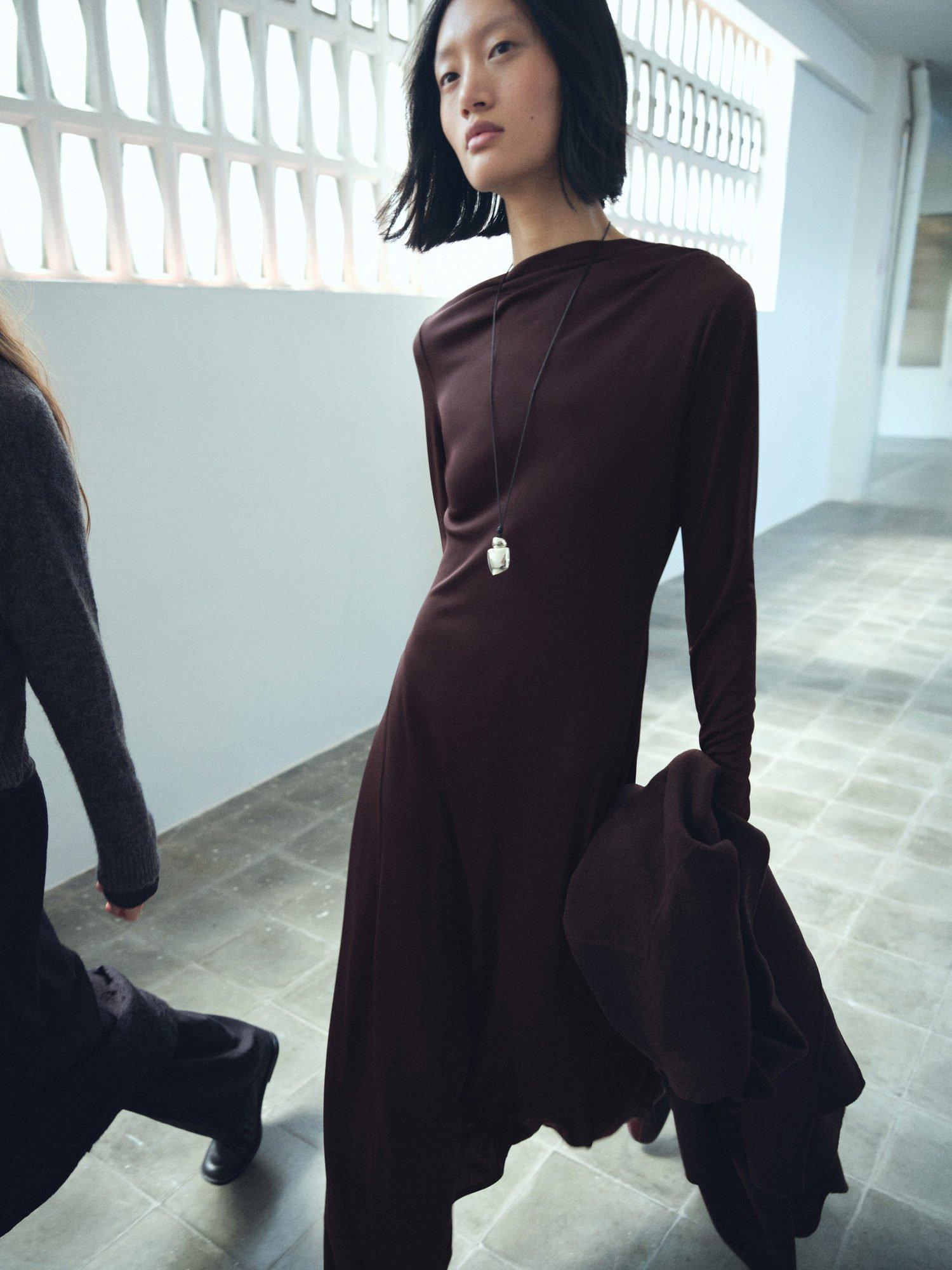 Product image 1 of 7, which shows Mango Celina Asymmetric Midi Dress, Brown, 10