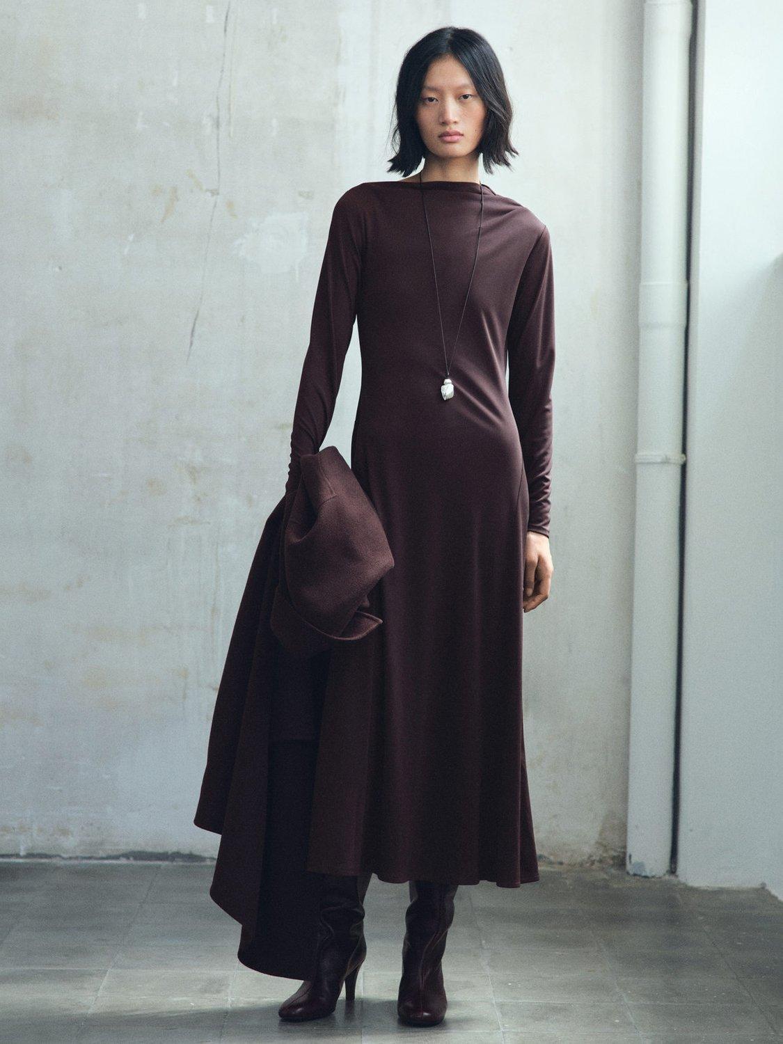 Product image 2 of 7, which shows Mango Celina Asymmetric Midi Dress, Brown, 10