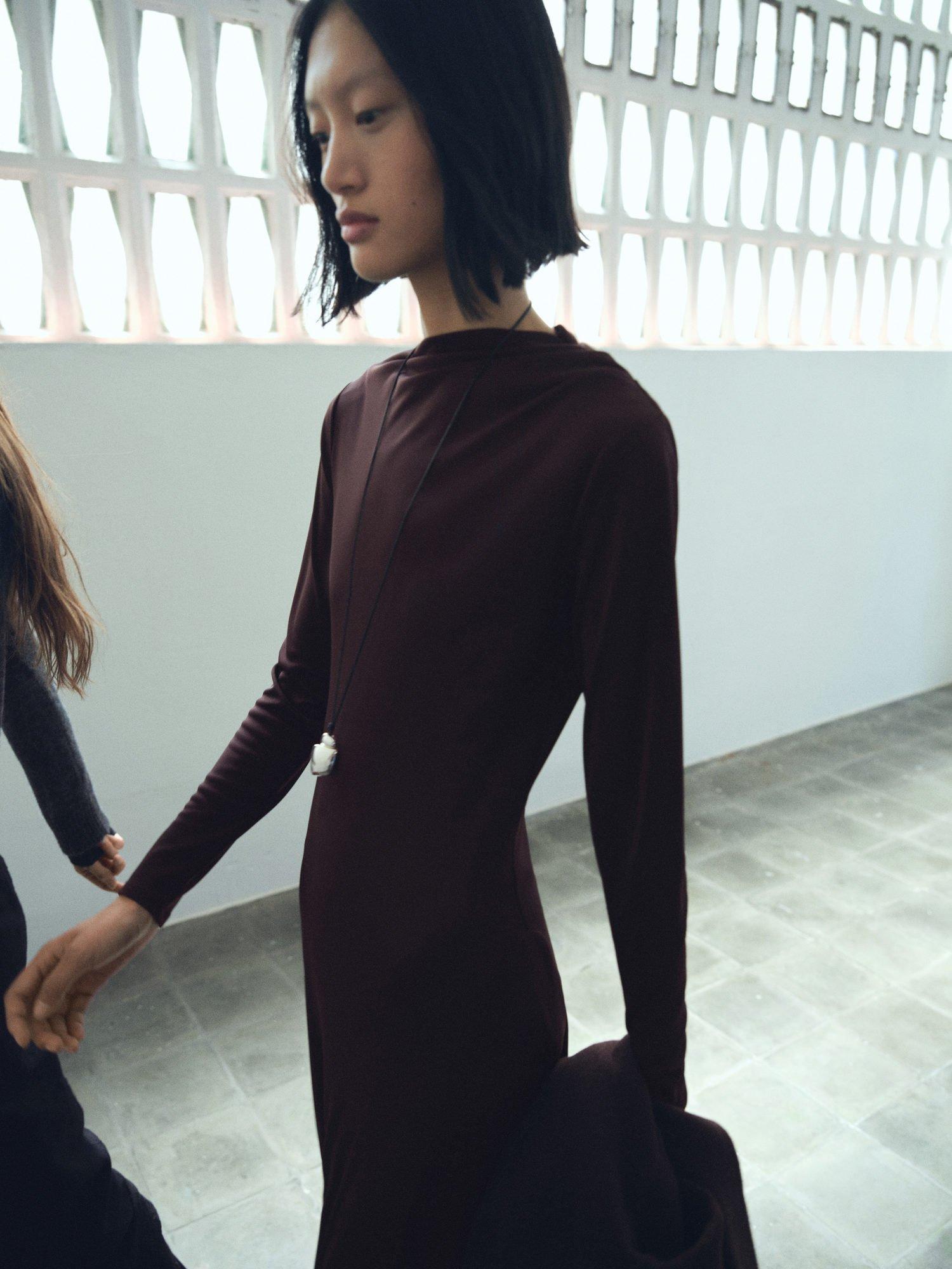 Product image 6 of 7, which shows Mango Celina Asymmetric Midi Dress, Brown, 10