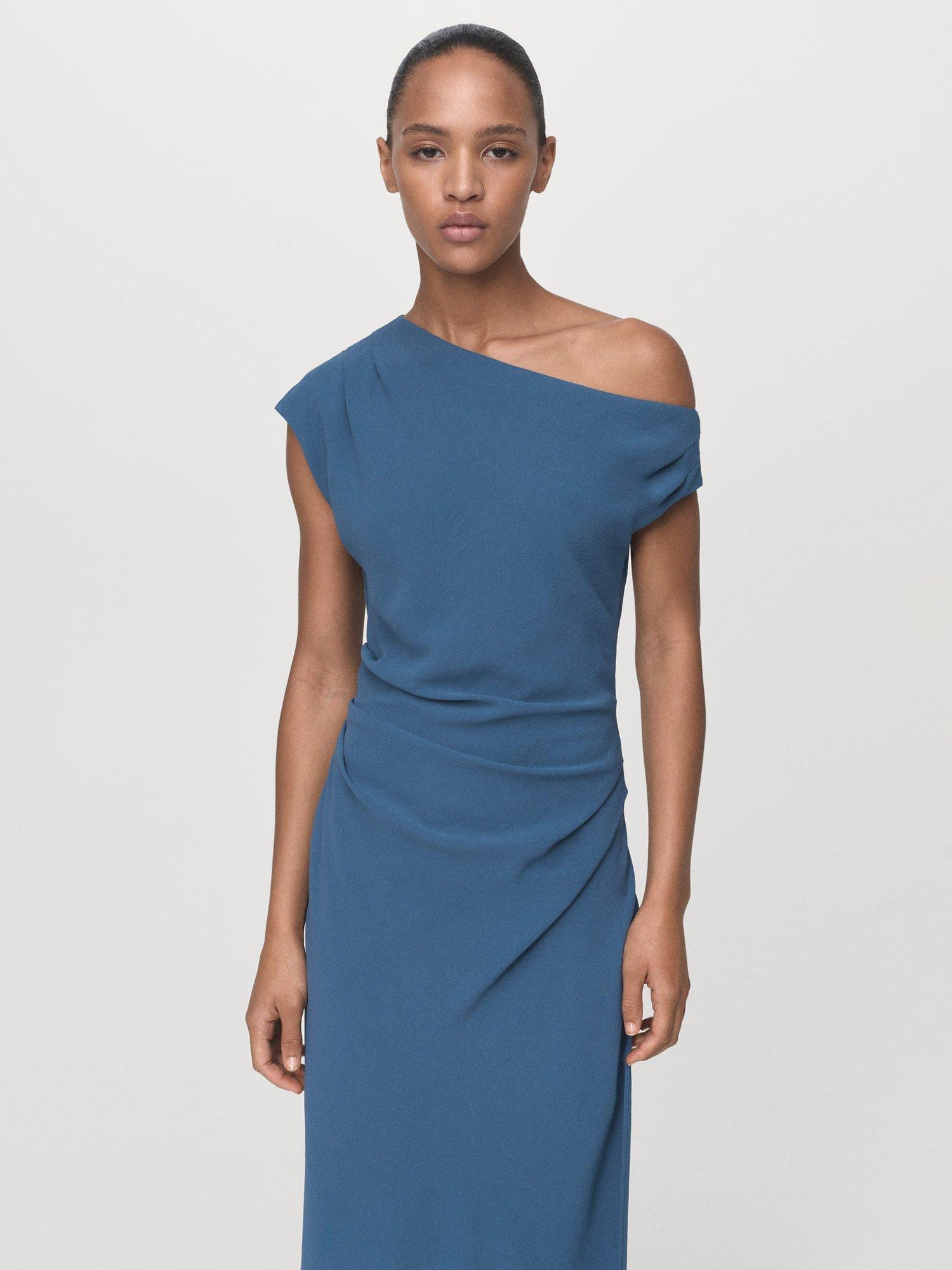 Product image 1 of 7, which shows Mango Gloria Ruched Asymmetrical Midi Dress , Medium Blue, 10