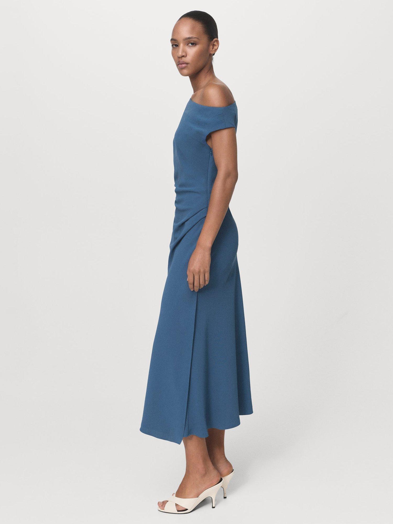 Product image 2 of 7, which shows Mango Gloria Ruched Asymmetrical Midi Dress , Medium Blue, 10