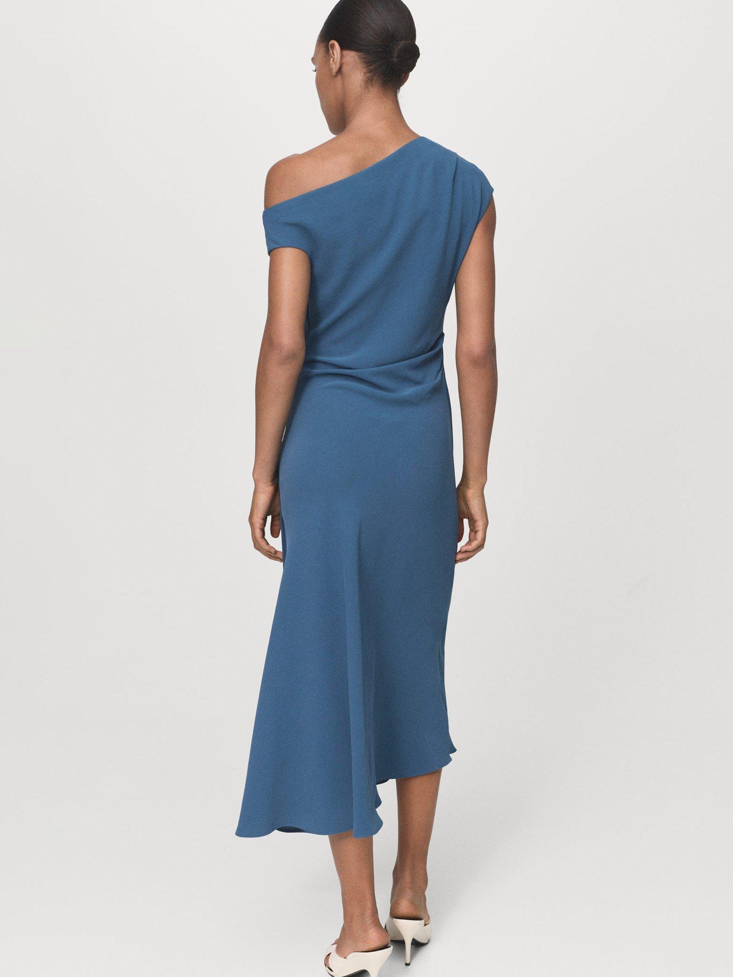 Product image 4 of 7, which shows Mango Gloria Ruched Asymmetrical Midi Dress , Medium Blue, 10