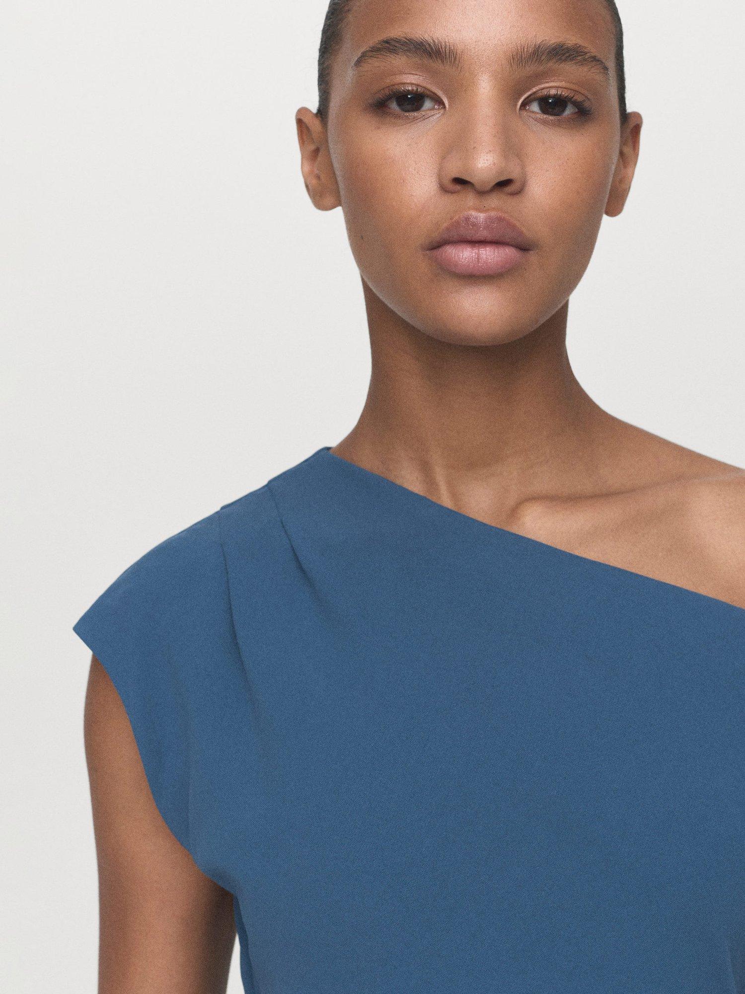 Product image 6 of 7, which shows Mango Gloria Ruched Asymmetrical Midi Dress , Medium Blue, 10