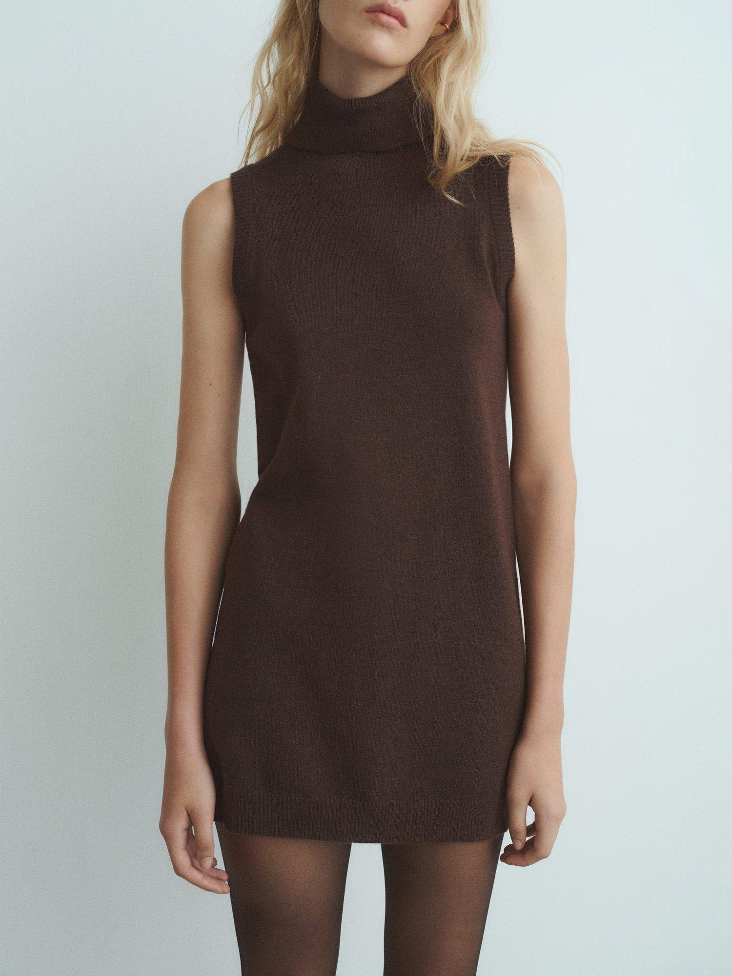 Product image 1 of 8, which shows Mango Nekke Turtleneck Sleeveless Mini Jumper Dress, Dark Brown, 10