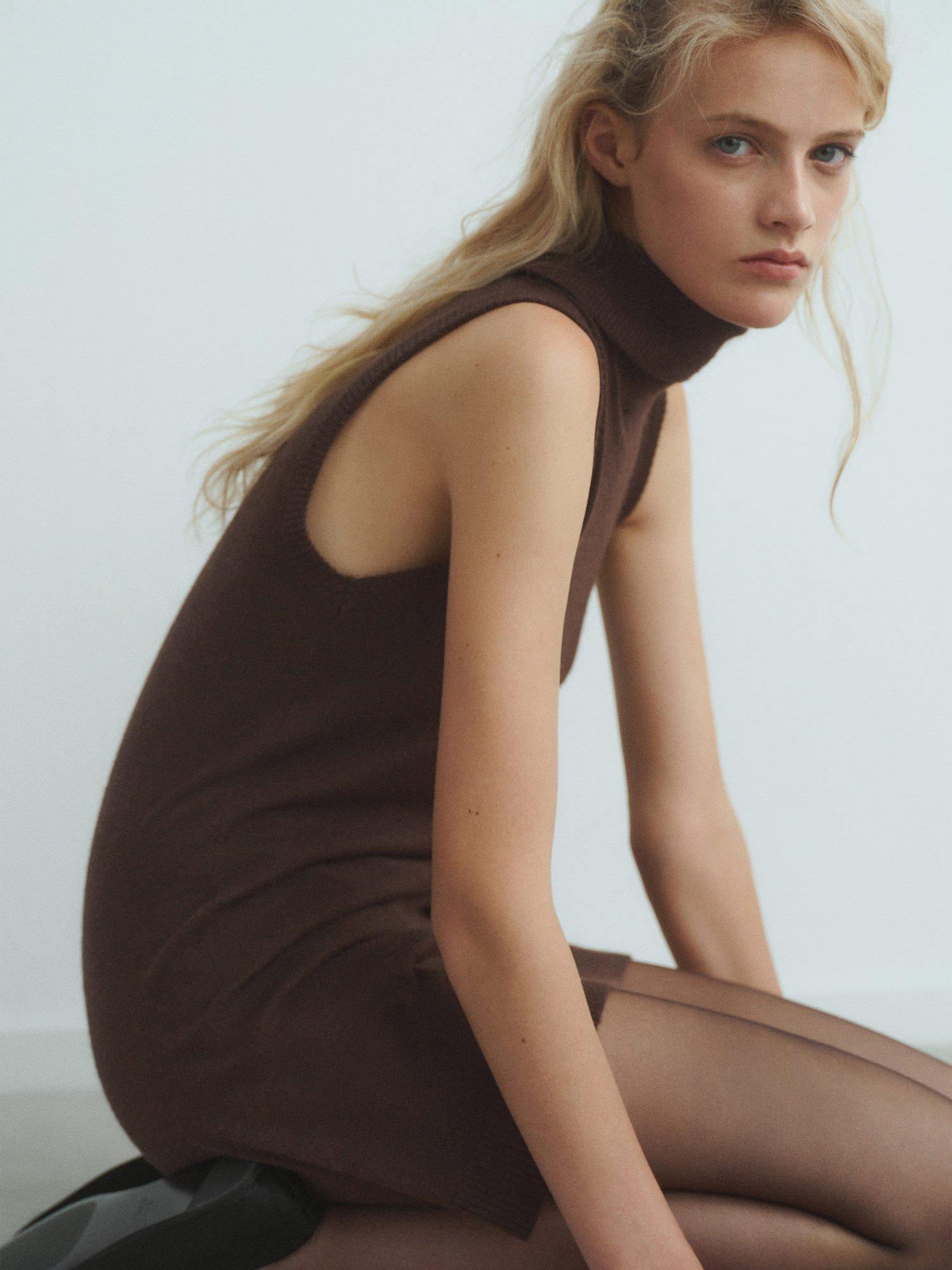 Product image 7 of 8, which shows Mango Nekke Turtleneck Sleeveless Mini Jumper Dress, Dark Brown, 10