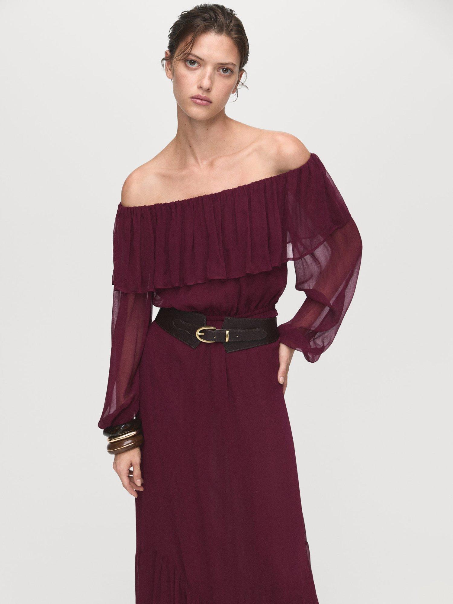 Product image 1 of 8, which shows Mango Saba Strapless Ruffle Tiered Bardot Neck Maxi Dress , Dark Red, 10