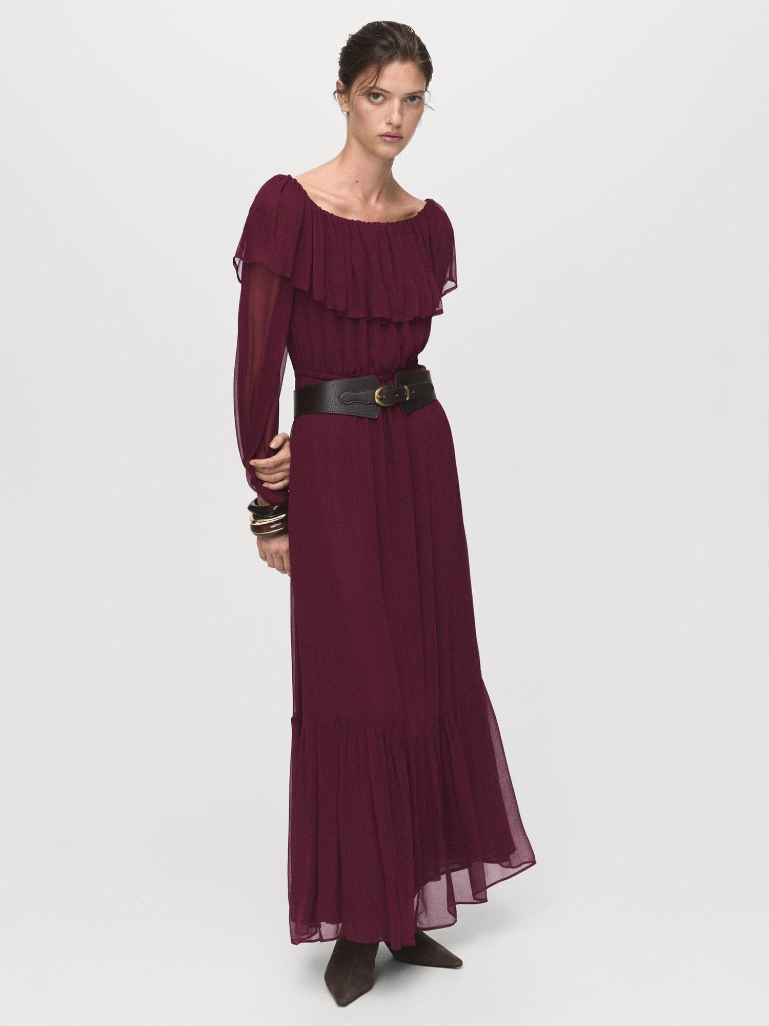 Product image 2 of 8, which shows Mango Saba Strapless Ruffle Tiered Bardot Neck Maxi Dress , Dark Red, 10