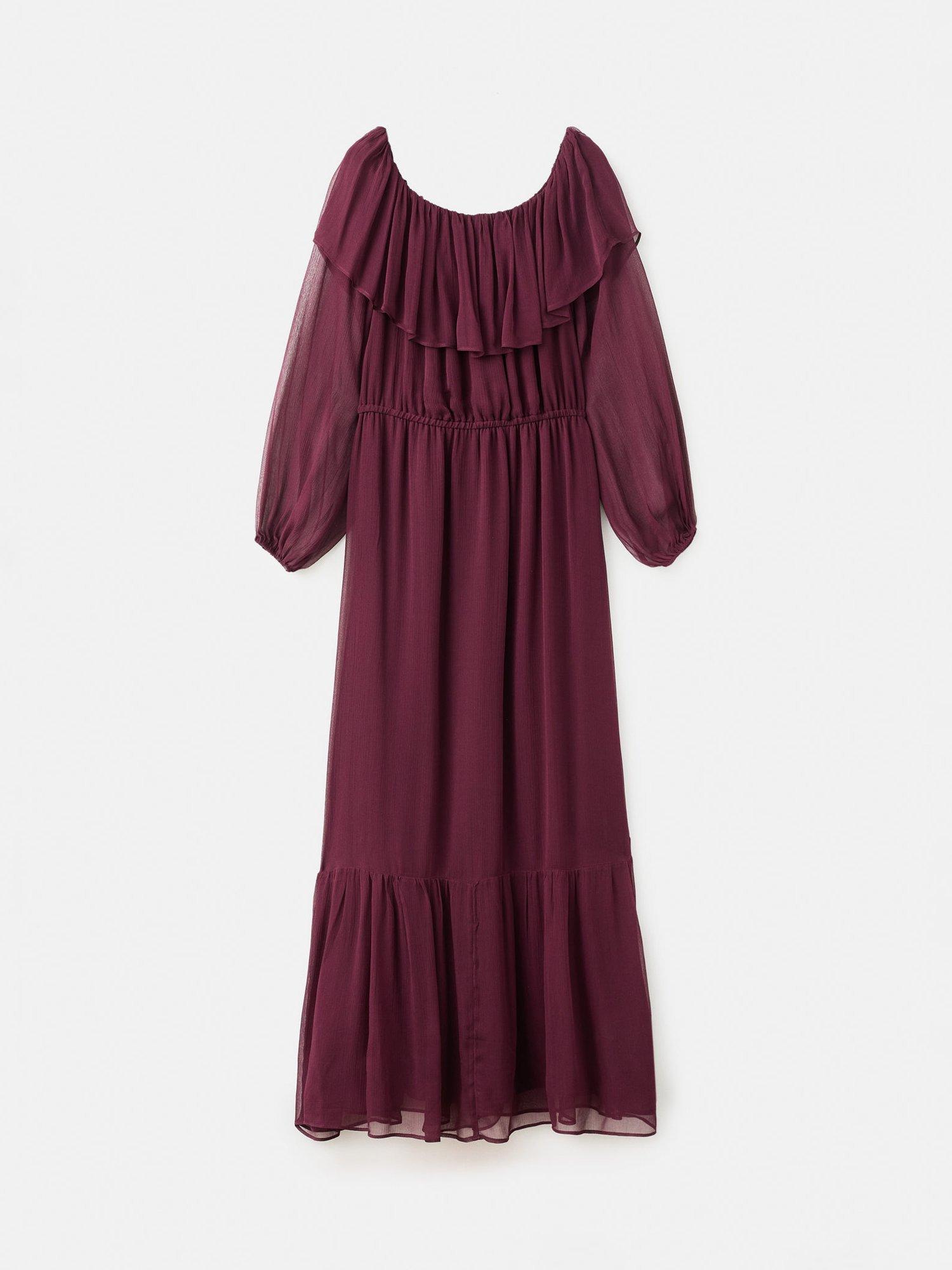 Product image 3 of 8, which shows Mango Saba Strapless Ruffle Tiered Bardot Neck Maxi Dress , Dark Red, 10