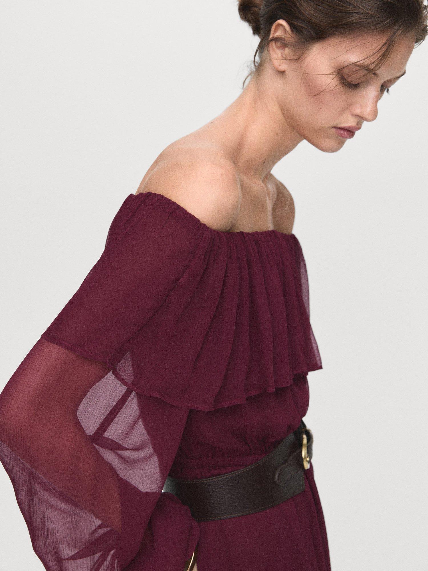 Product image 6 of 8, which shows Mango Saba Strapless Ruffle Tiered Bardot Neck Maxi Dress , Dark Red, 10
