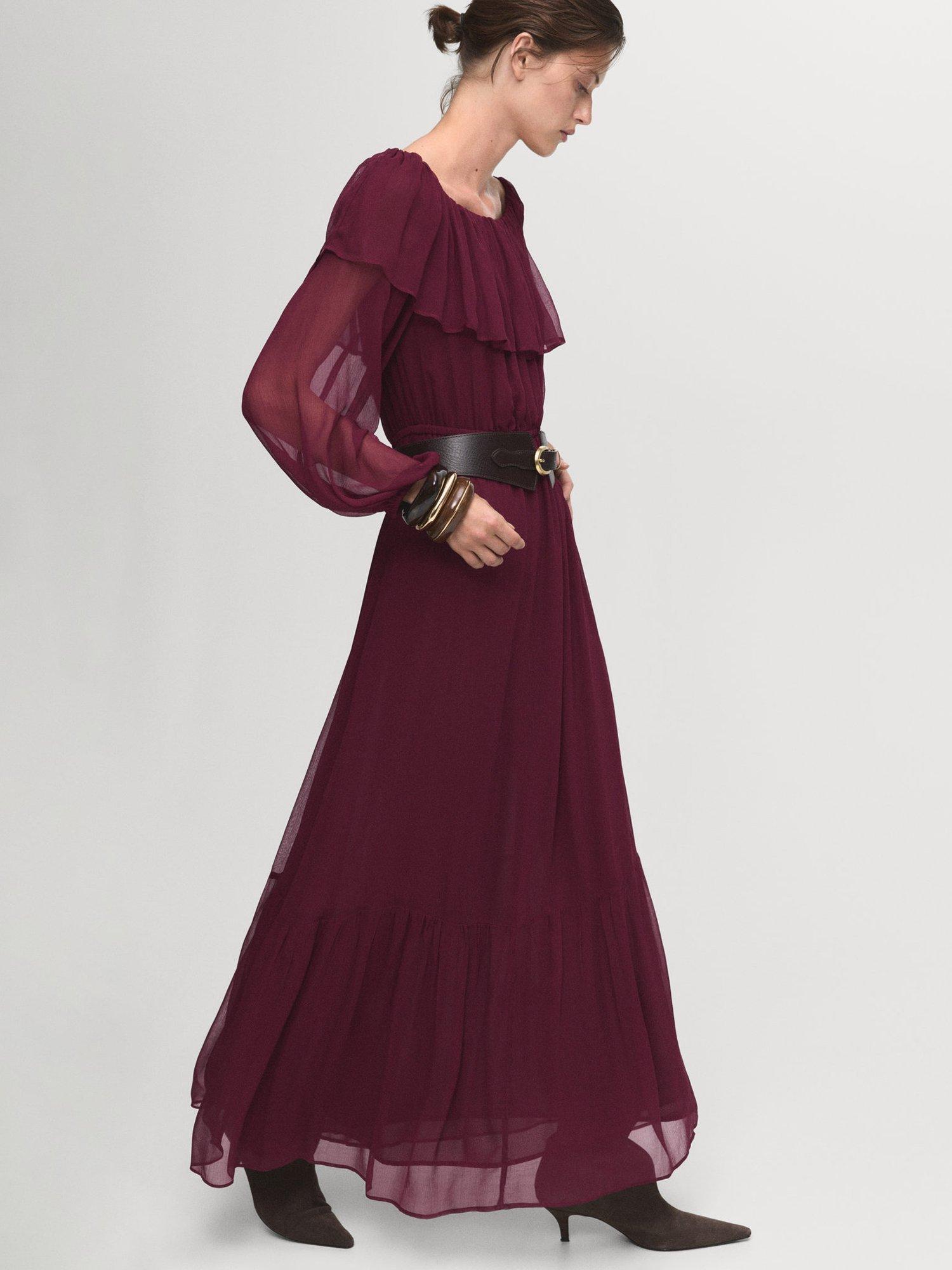 Product image 7 of 8, which shows Mango Saba Strapless Ruffle Tiered Bardot Neck Maxi Dress , Dark Red, 10