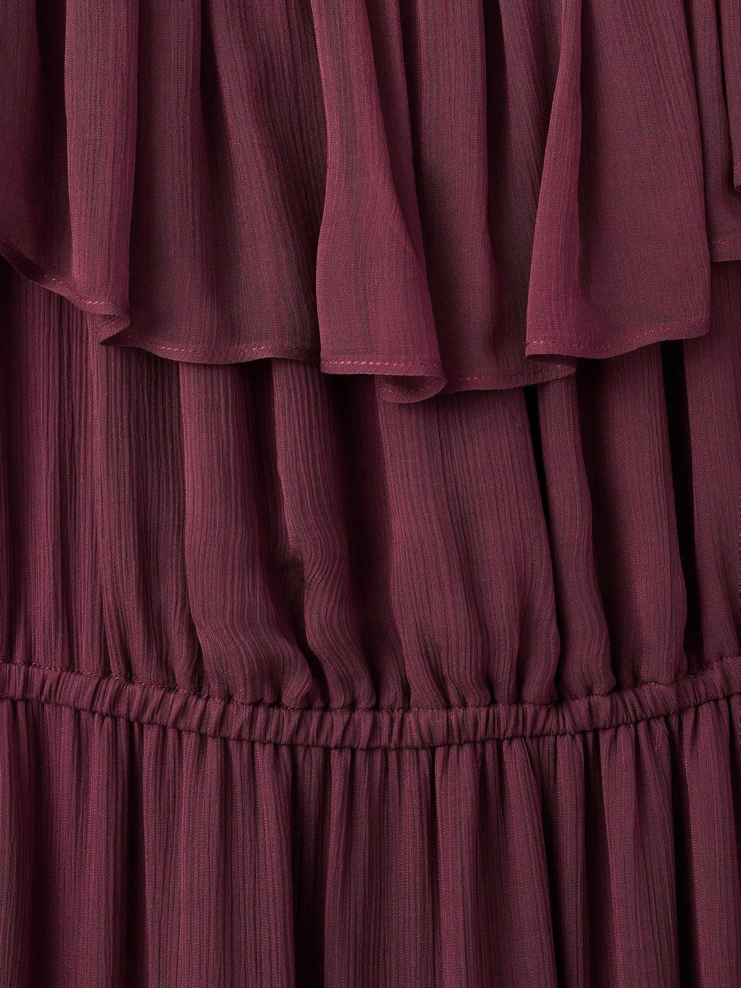 Product image 8 of 8, which shows Mango Saba Strapless Ruffle Tiered Bardot Neck Maxi Dress , Dark Red, 10