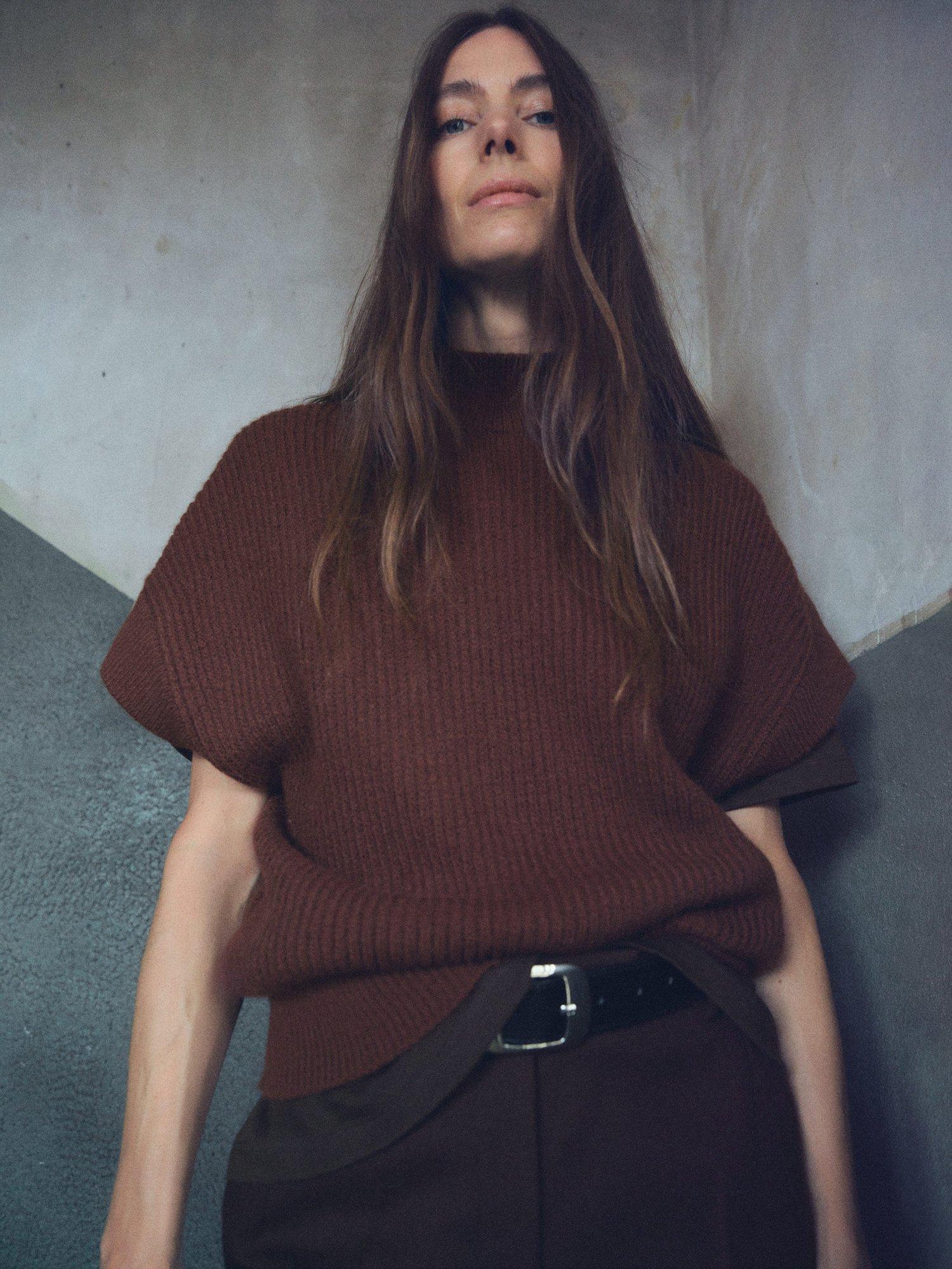 Product image 1 of 6, which shows Mango Perkins-Neck Short-Sleeved Sweater, Brown, S