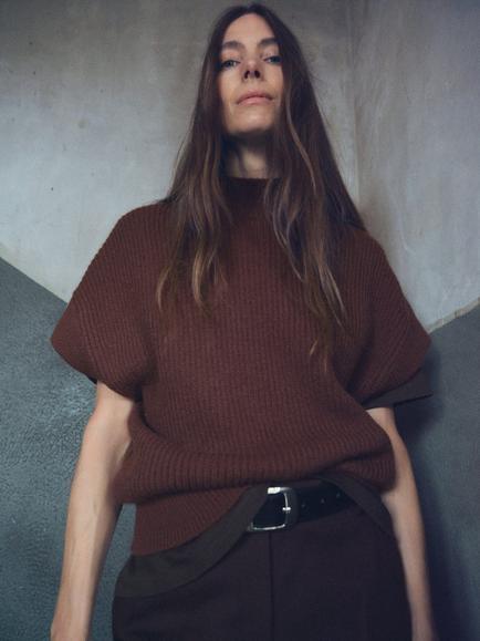 Mango Perkins-Neck Short-Sleeved Sweater, Brown