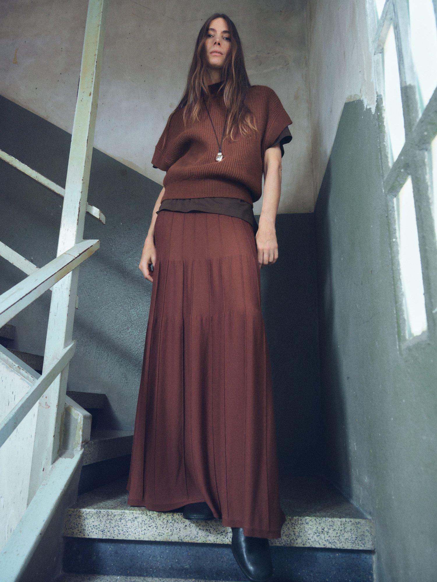 Product image 2 of 6, which shows Mango Perkins-Neck Short-Sleeved Sweater, Brown, S