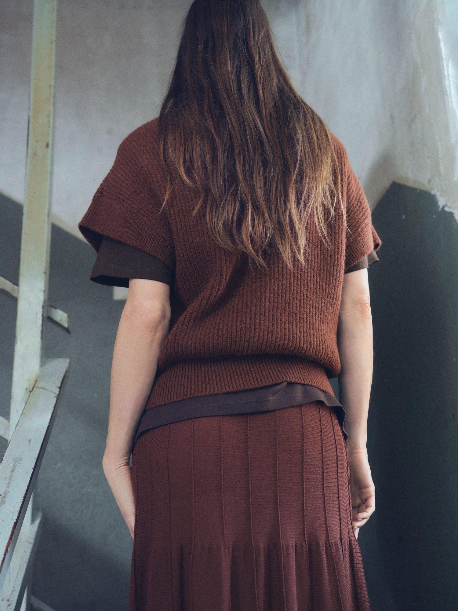 Product image 4 of 6, which shows Mango Perkins-Neck Short-Sleeved Sweater, Brown, S