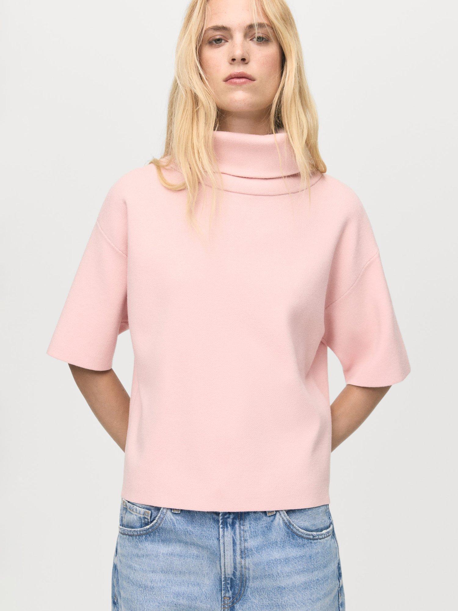 Product image 1 of 7, which shows Mango Comfy Short-Sleeved Turtleneck Sweater, Pink, S