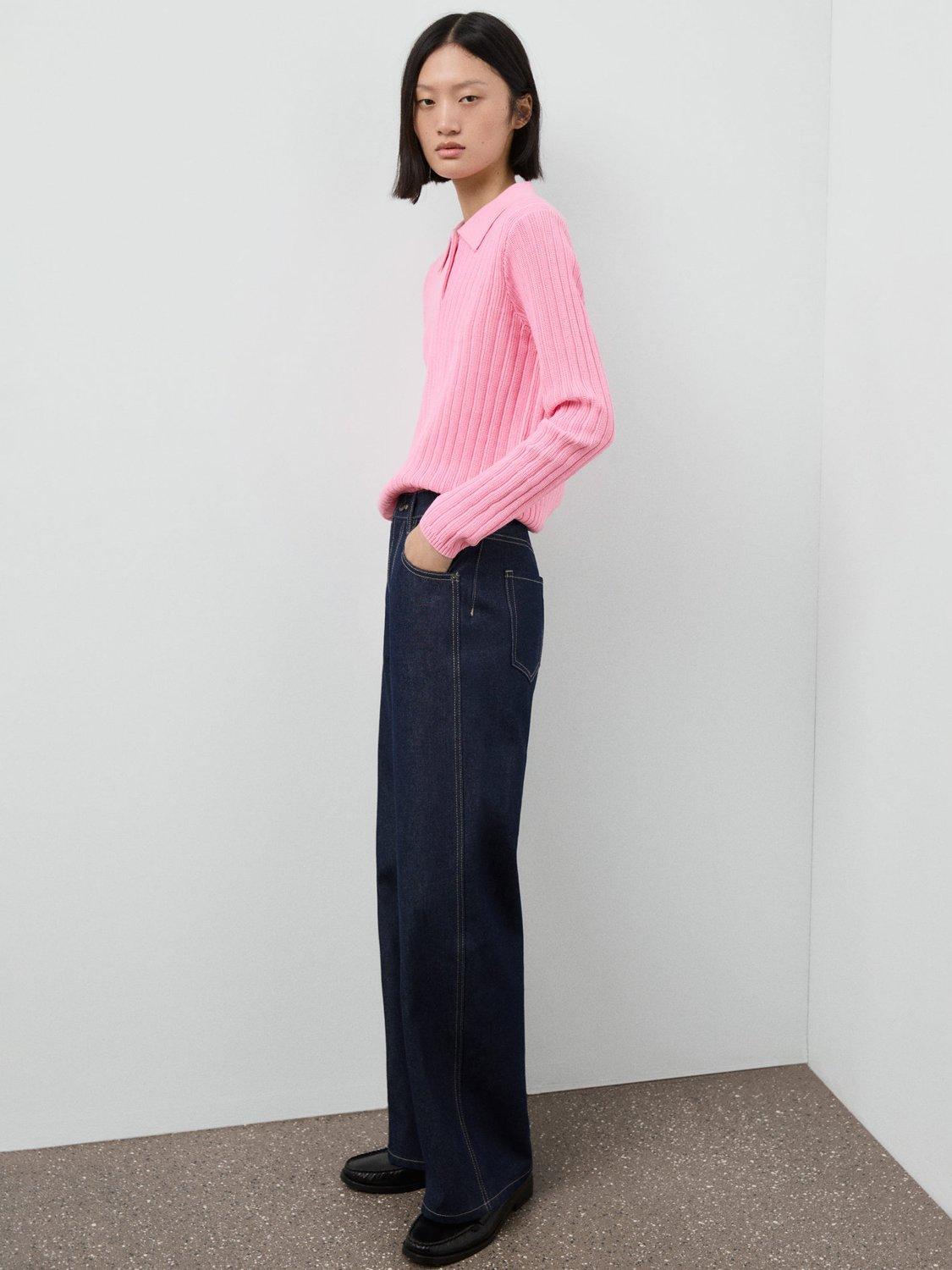 Product image 2 of 7, which shows Mango Dijon Polo-Neck Ribbed Sweater , Pink, XS