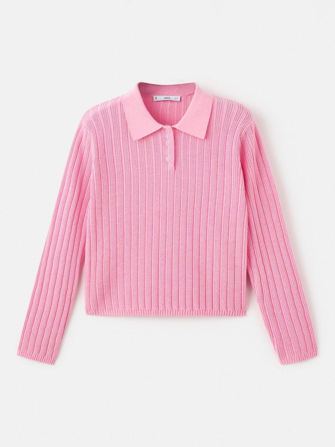 Product image 3 of 7, which shows Mango Dijon Polo-Neck Ribbed Sweater , Pink, XS