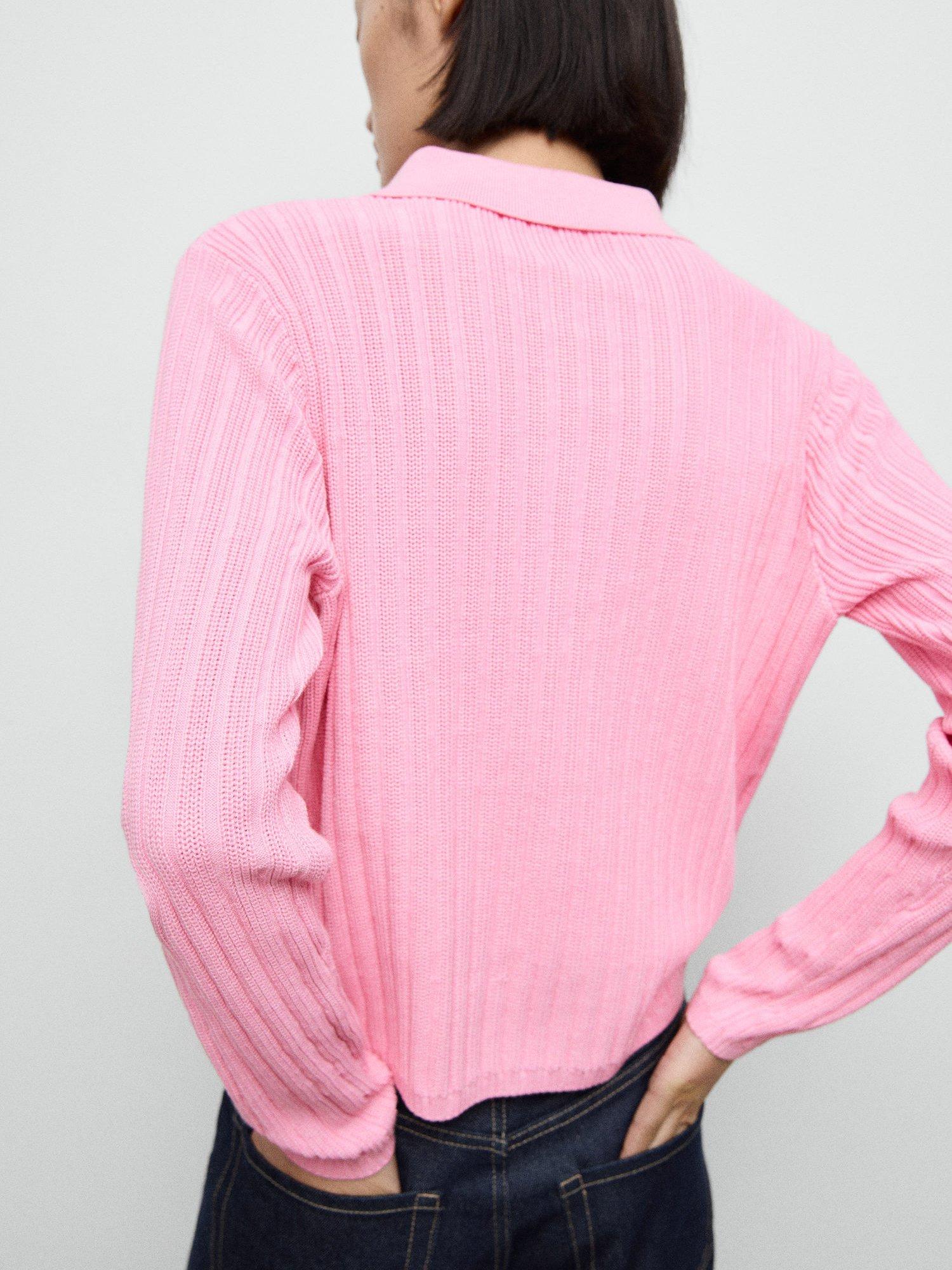 Product image 4 of 7, which shows Mango Dijon Polo-Neck Ribbed Sweater , Pink, XS