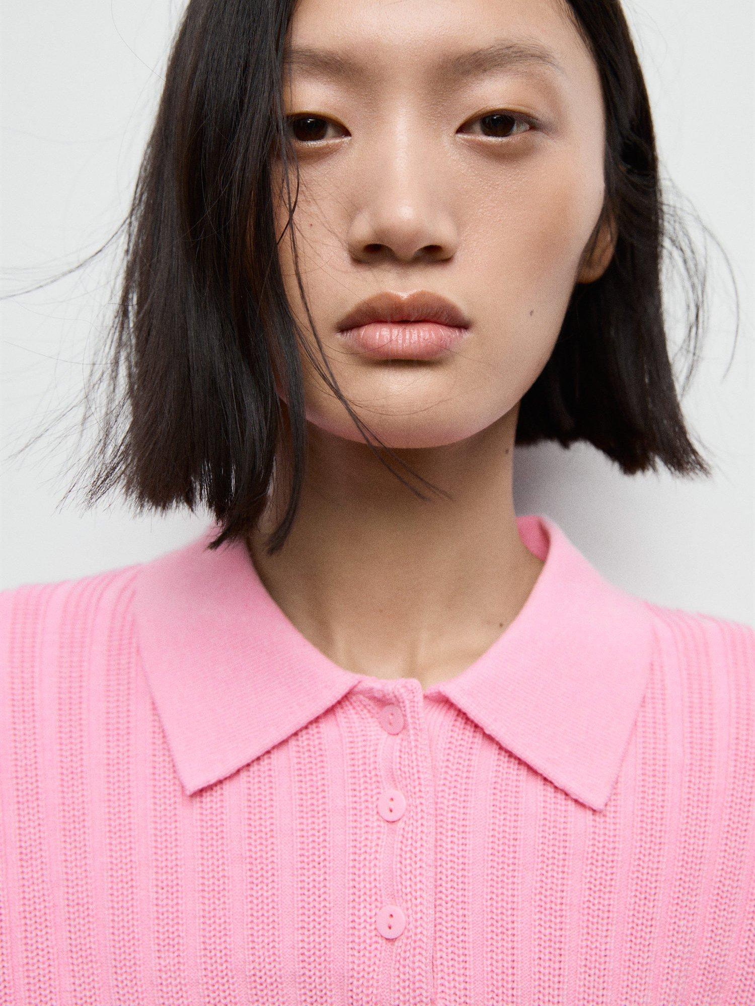 Product image 6 of 7, which shows Mango Dijon Polo-Neck Ribbed Sweater , Pink, XS