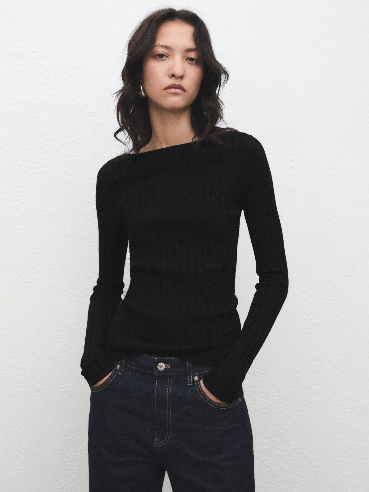 Mango Flurry Boat Neck Fine-Knit Ribbed Sweater