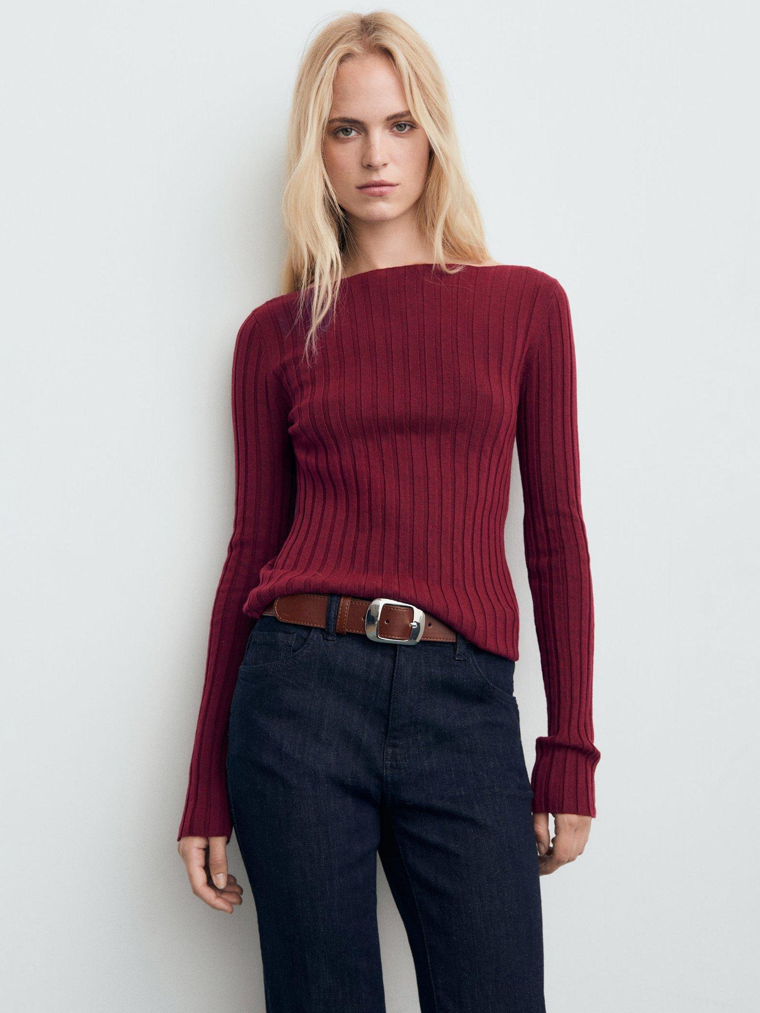 Mango Flurry Boat Neck Fine-Knit Ribbed Sweater, Dark Red