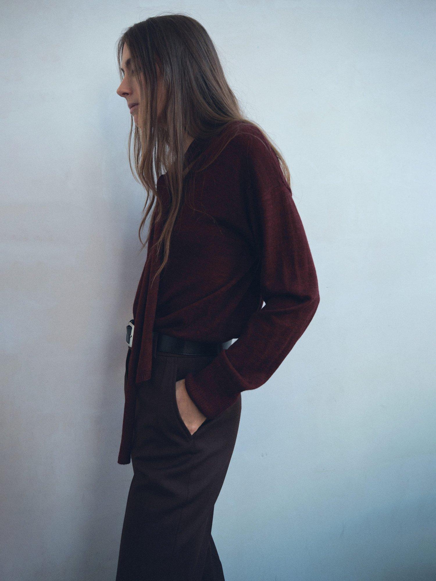 Product image 2 of 7, which shows Mango Laia Fine-Knit Wool Sweater , Dark Red, XS