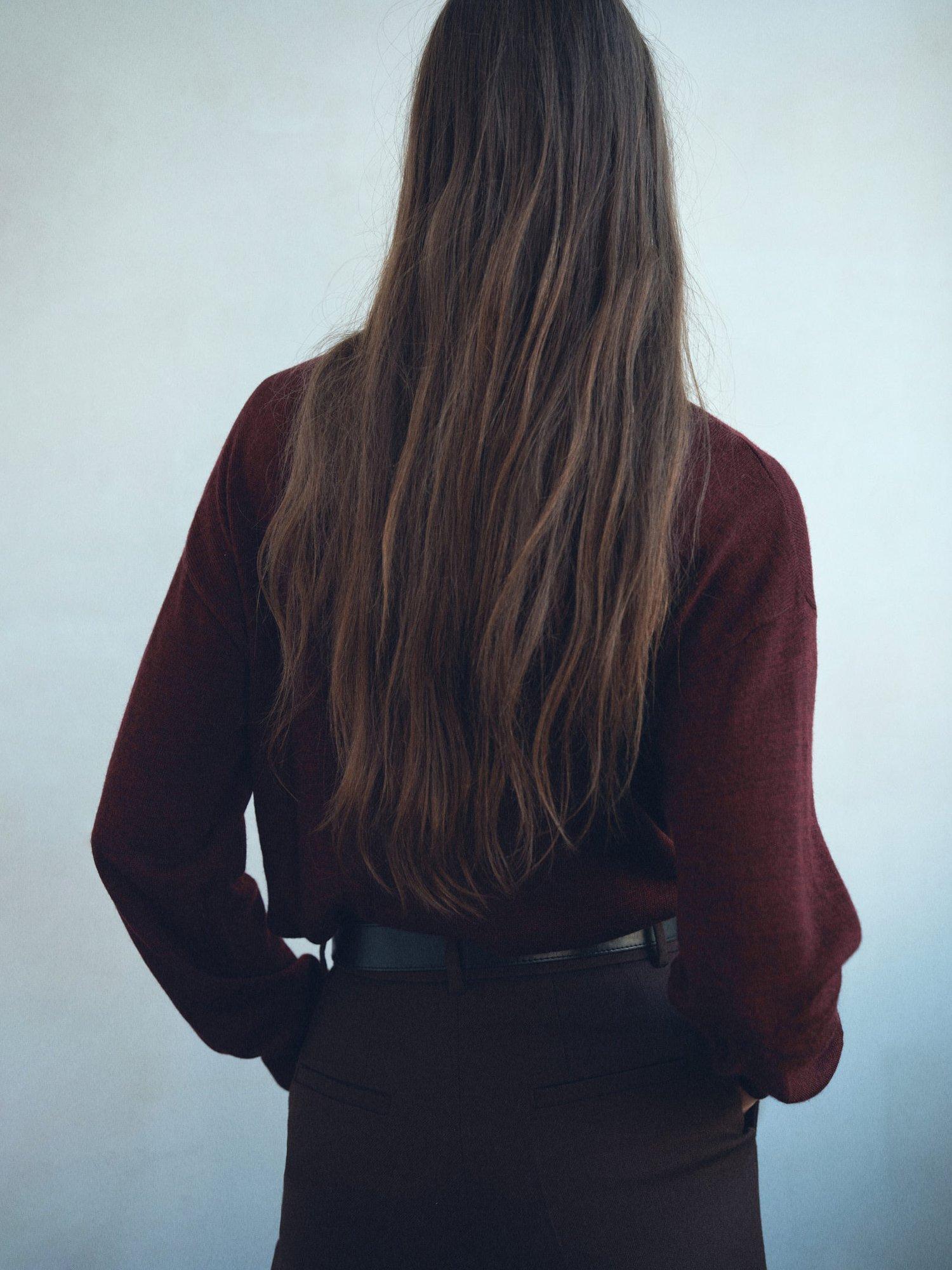 Product image 4 of 7, which shows Mango Laia Fine-Knit Wool Sweater , Dark Red, XS