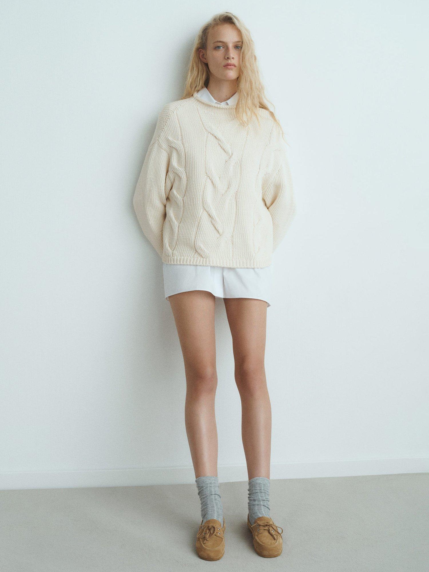 Product image 1 of 8, which shows Mango Trenzas Crew Neck Cotton Blend Sweater , Natural White, M