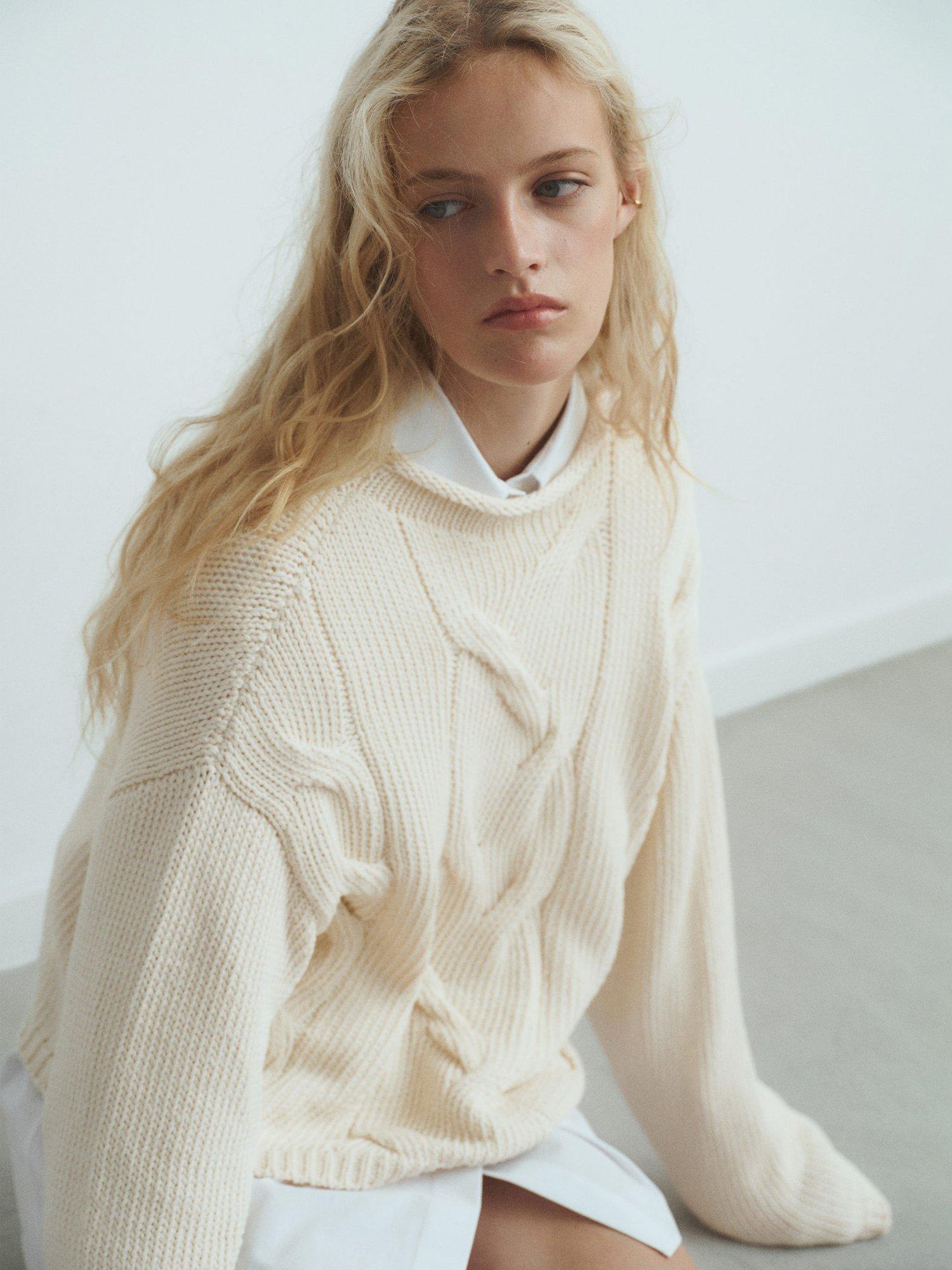 Product image 6 of 8, which shows Mango Trenzas Crew Neck Cotton Blend Sweater , Natural White, M