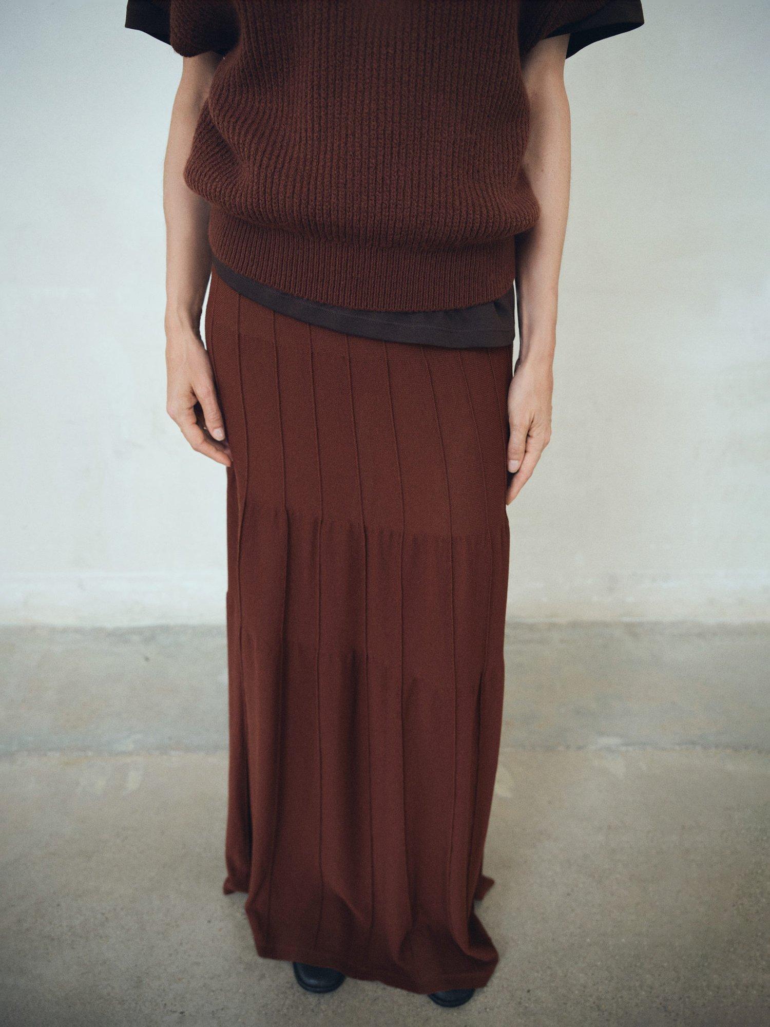 Product image 1 of 8, which shows Mango Long Seam Knitted Floor-Grazing Skirt, Brown, S