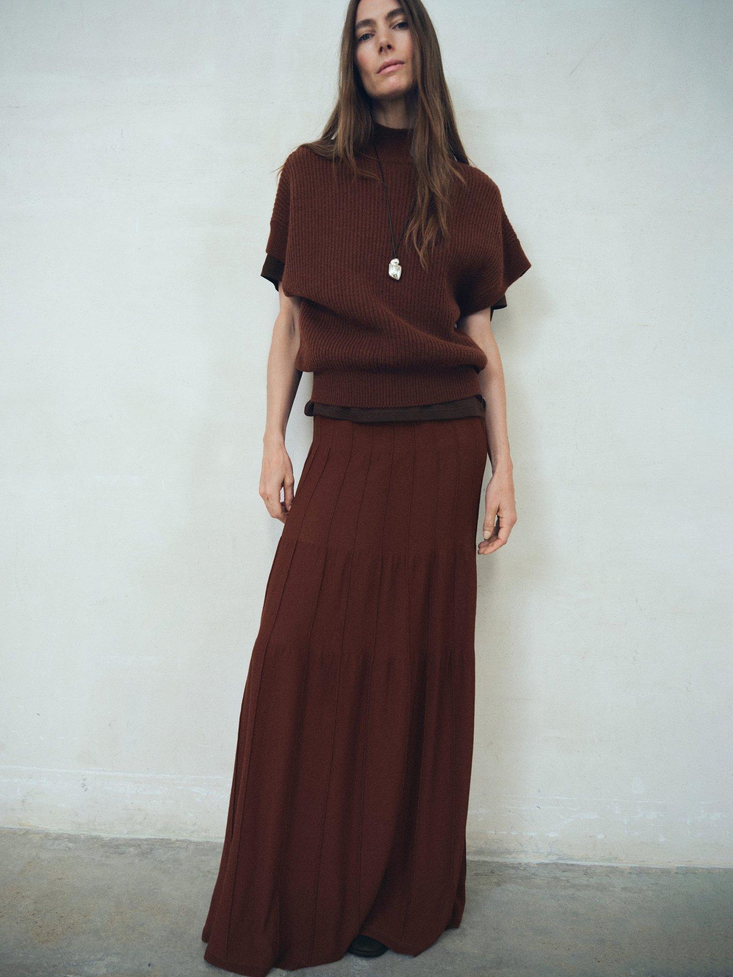 Product image 2 of 8, which shows Mango Long Seam Knitted Floor-Grazing Skirt, Brown, S