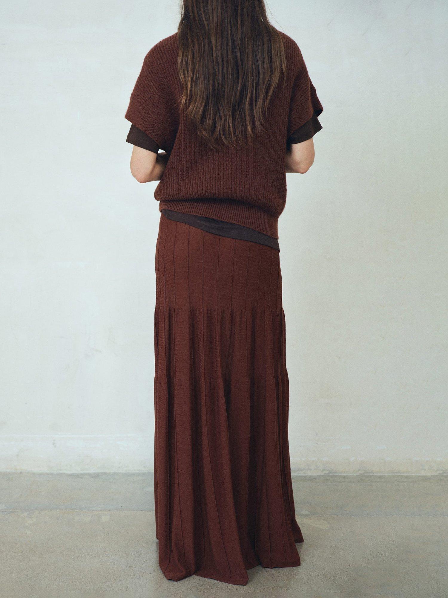 Product image 4 of 8, which shows Mango Long Seam Knitted Floor-Grazing Skirt, Brown, S