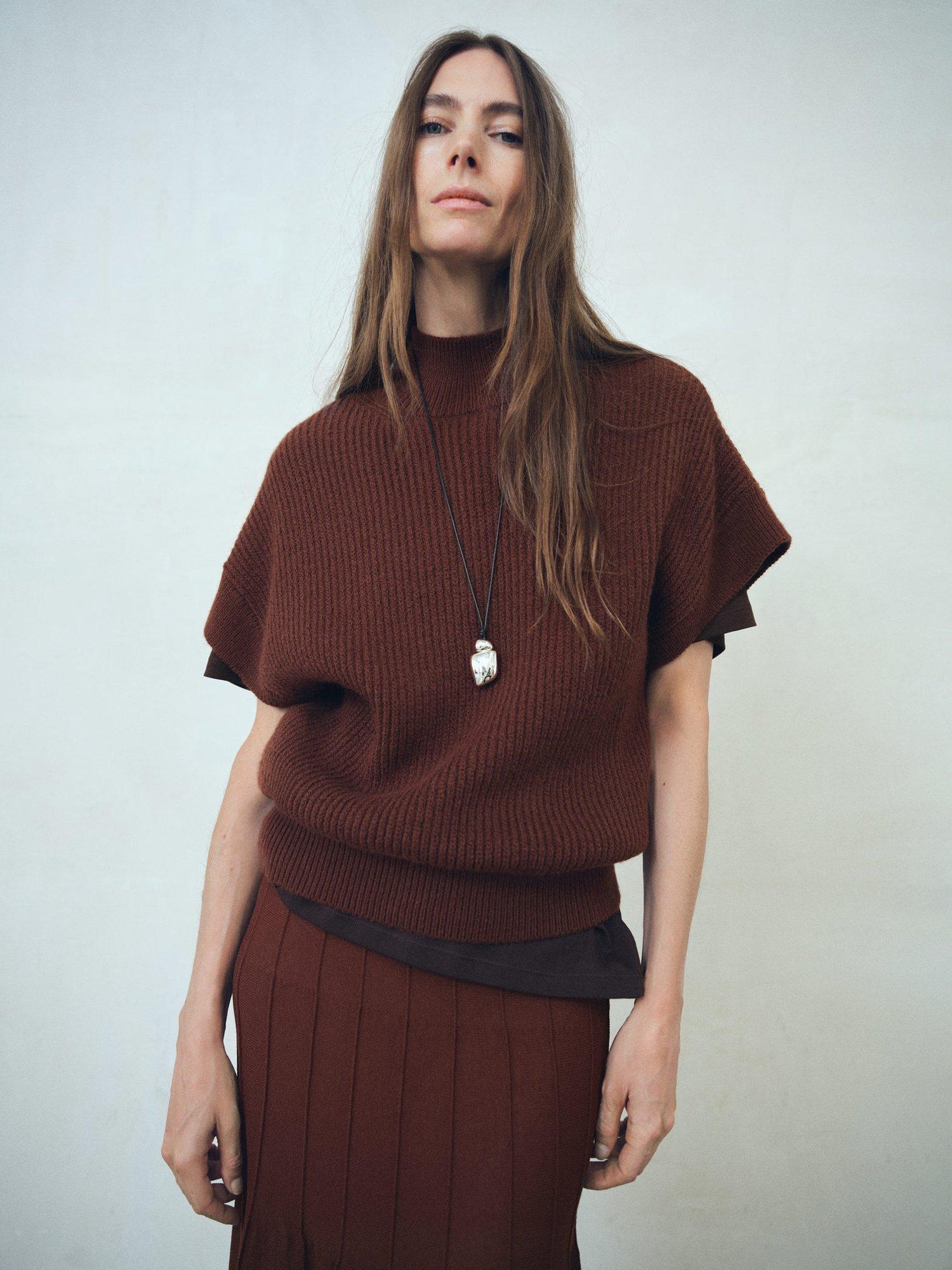 Product image 6 of 8, which shows Mango Long Seam Knitted Floor-Grazing Skirt, Brown, S