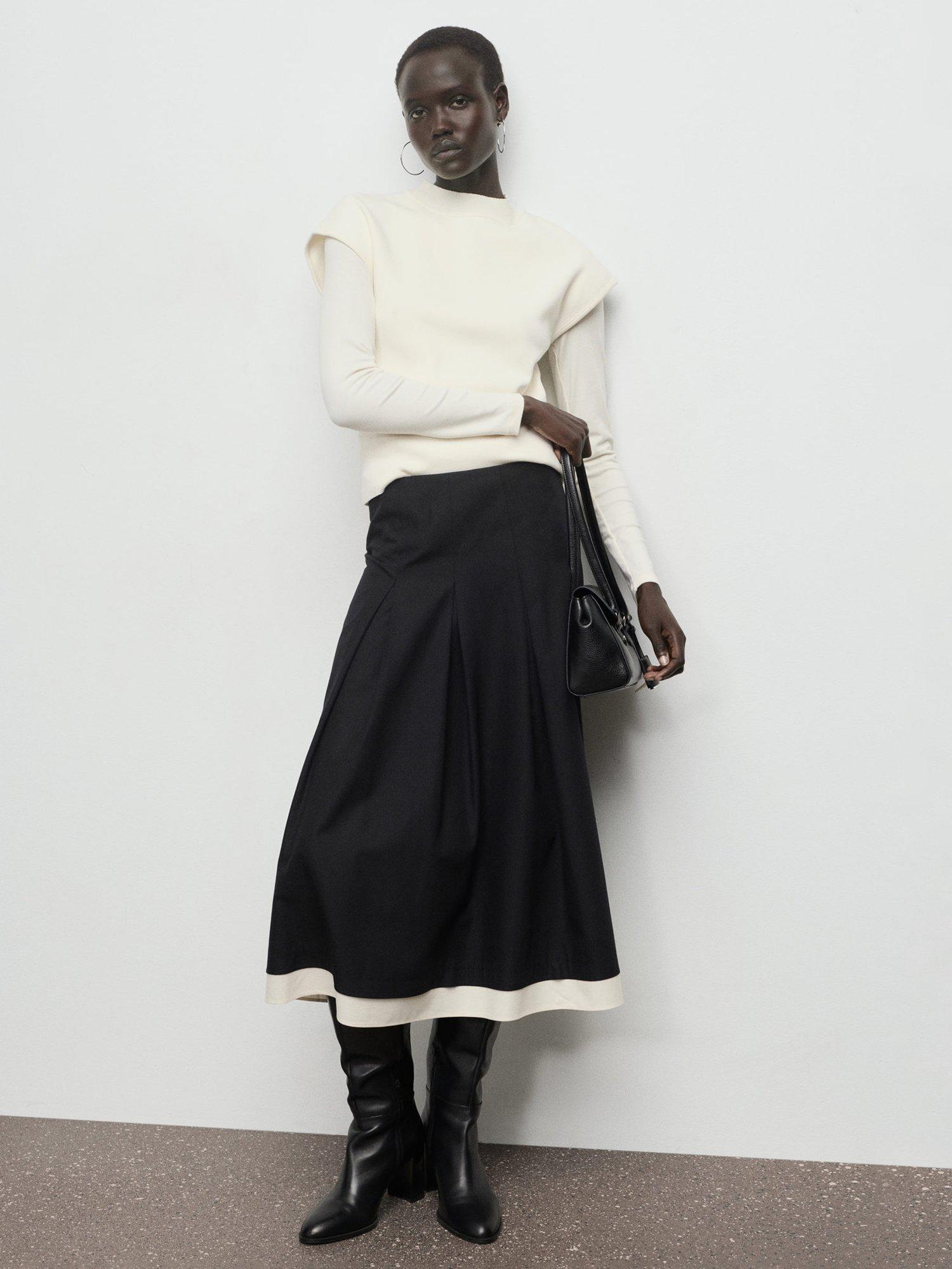 Product image 1 of 8, which shows Mango Olivia A-Line Cotton Midi Skirt, Black, 10