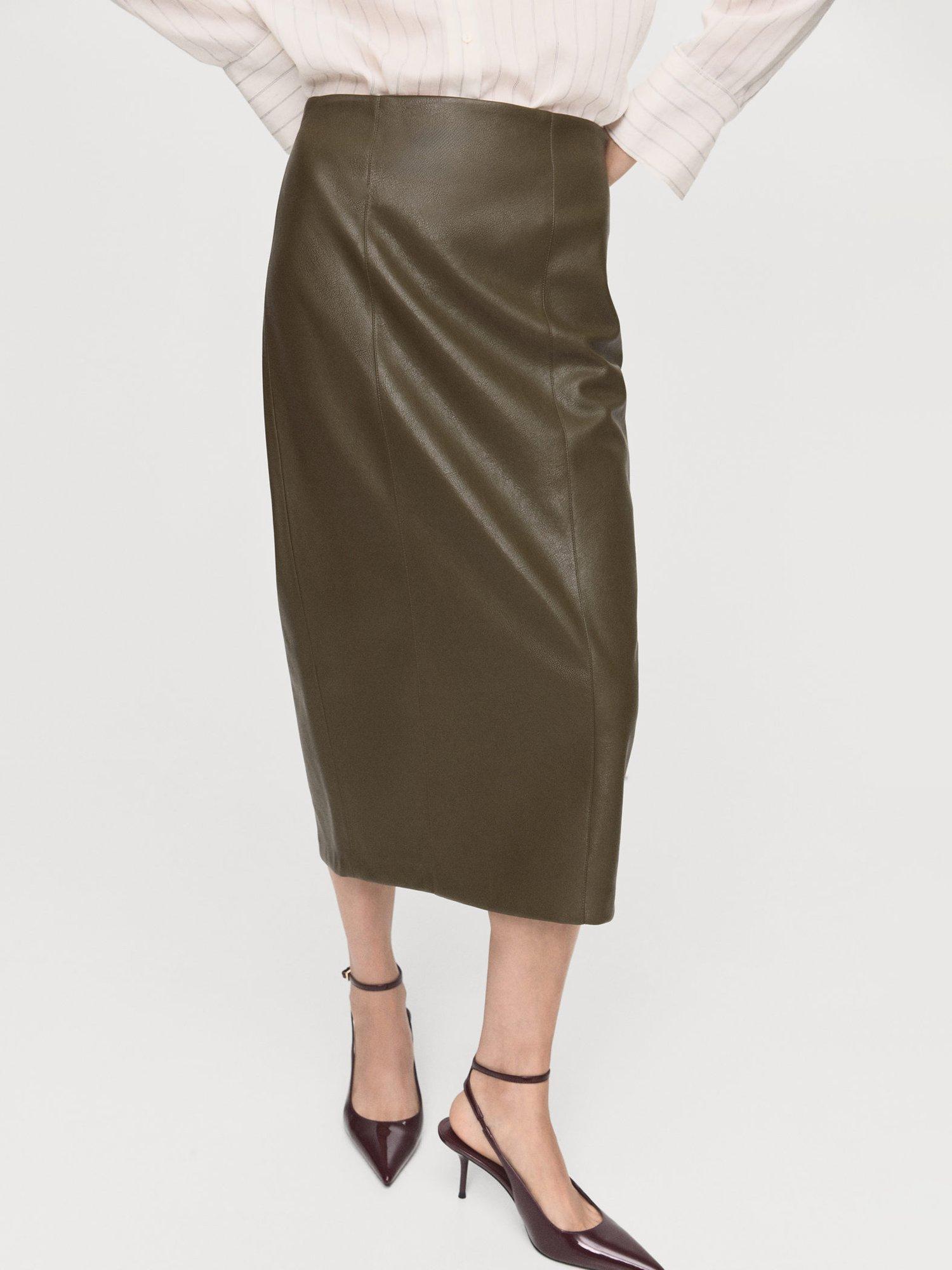 Product image 1 of 7, which shows Mango Faux Leather Midi Pencil Skirt , Beige/Khaki, 10