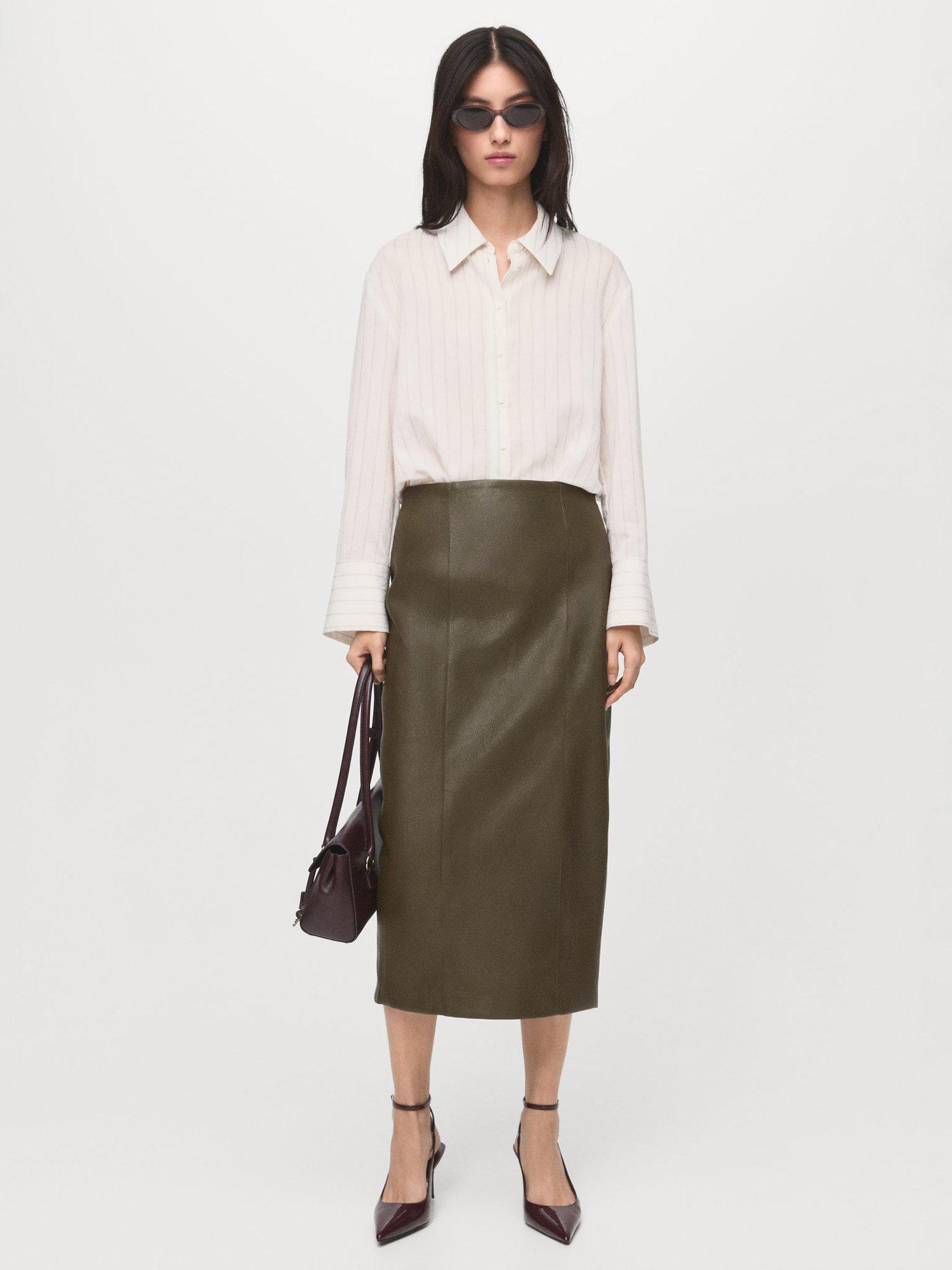 Product image 2 of 7, which shows Mango Faux Leather Midi Pencil Skirt , Beige/Khaki, 10