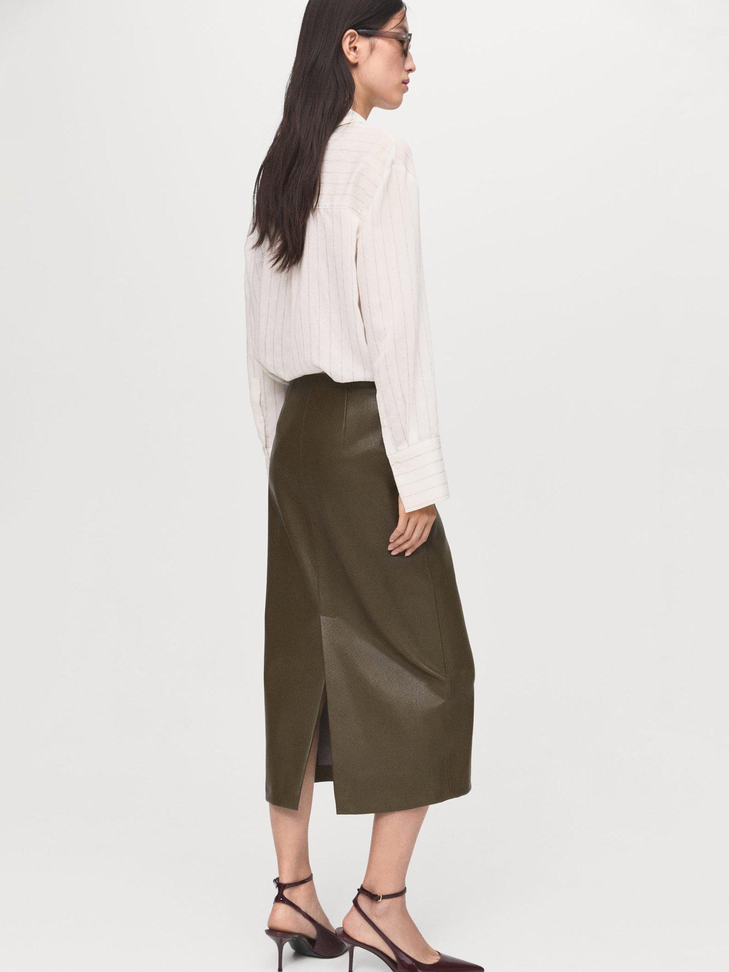 Product image 4 of 7, which shows Mango Faux Leather Midi Pencil Skirt , Beige/Khaki, 10