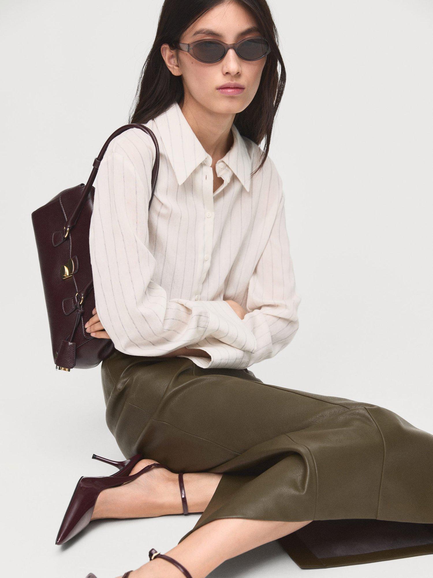 Product image 6 of 7, which shows Mango Faux Leather Midi Pencil Skirt , Beige/Khaki, 10