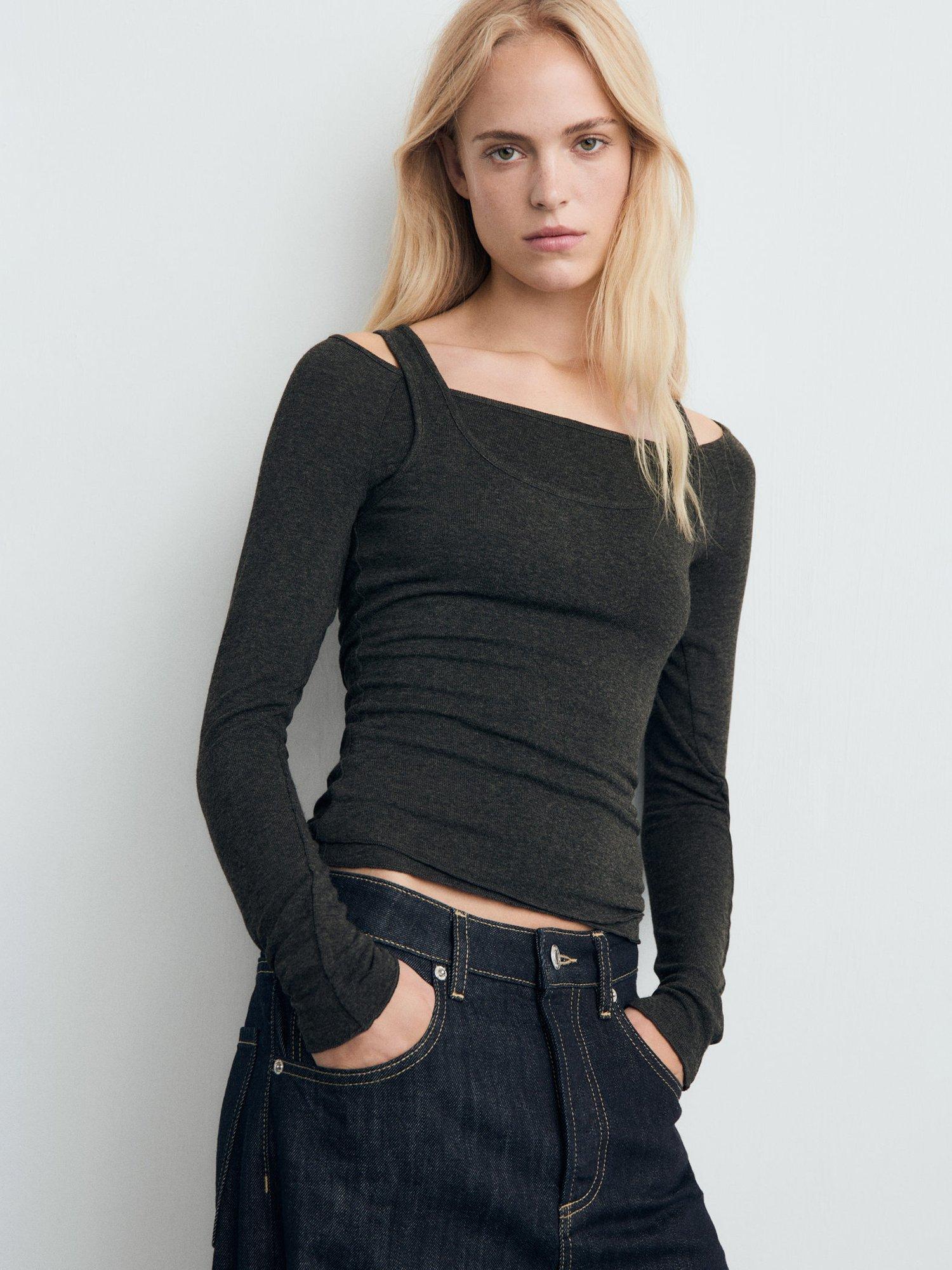 Product image 1 of 8, which shows Mango Belle Layered Fine Knit Top, Dark Grey, L