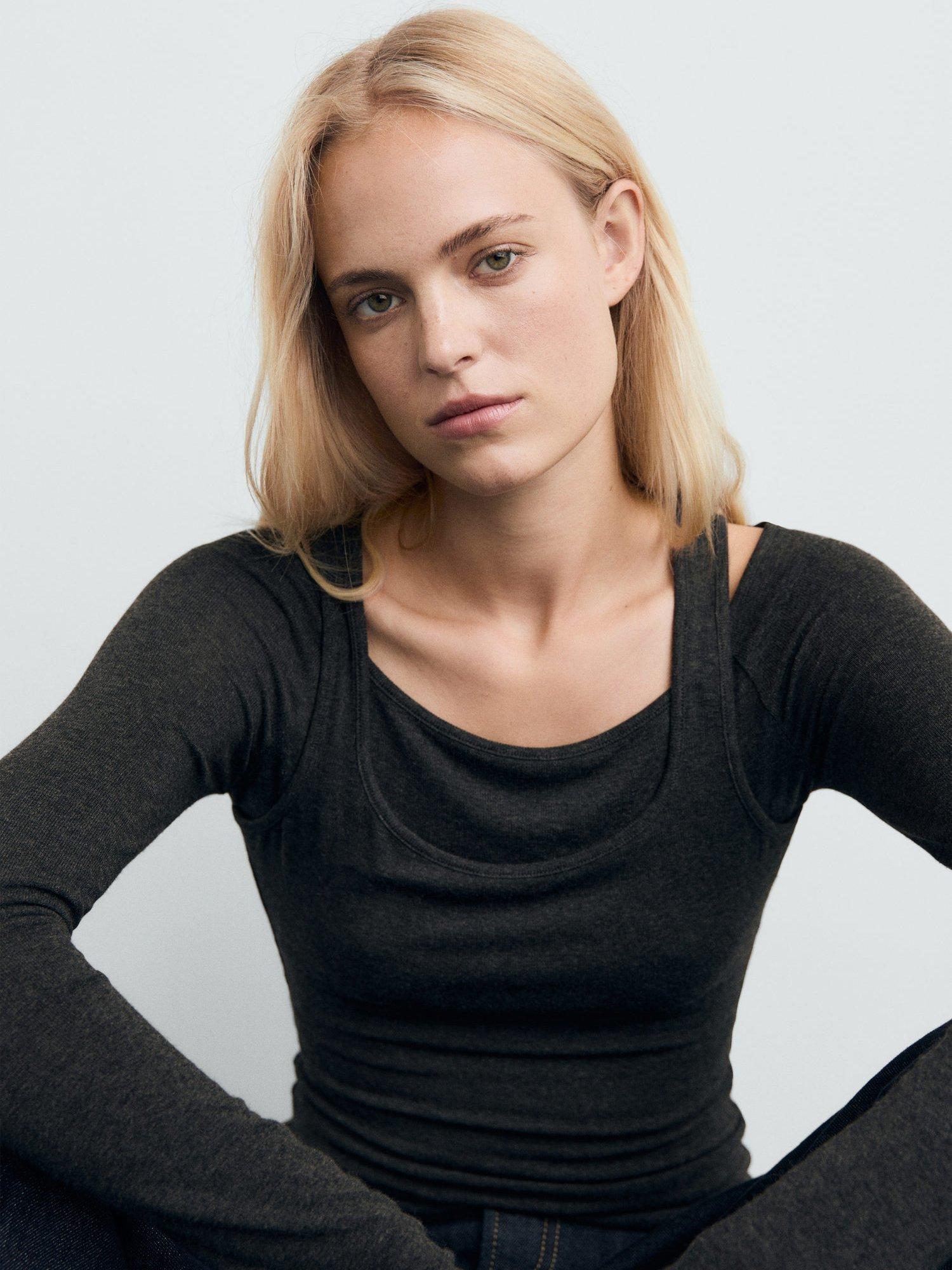 Product image 7 of 8, which shows Mango Belle Layered Fine Knit Top, Dark Grey, L