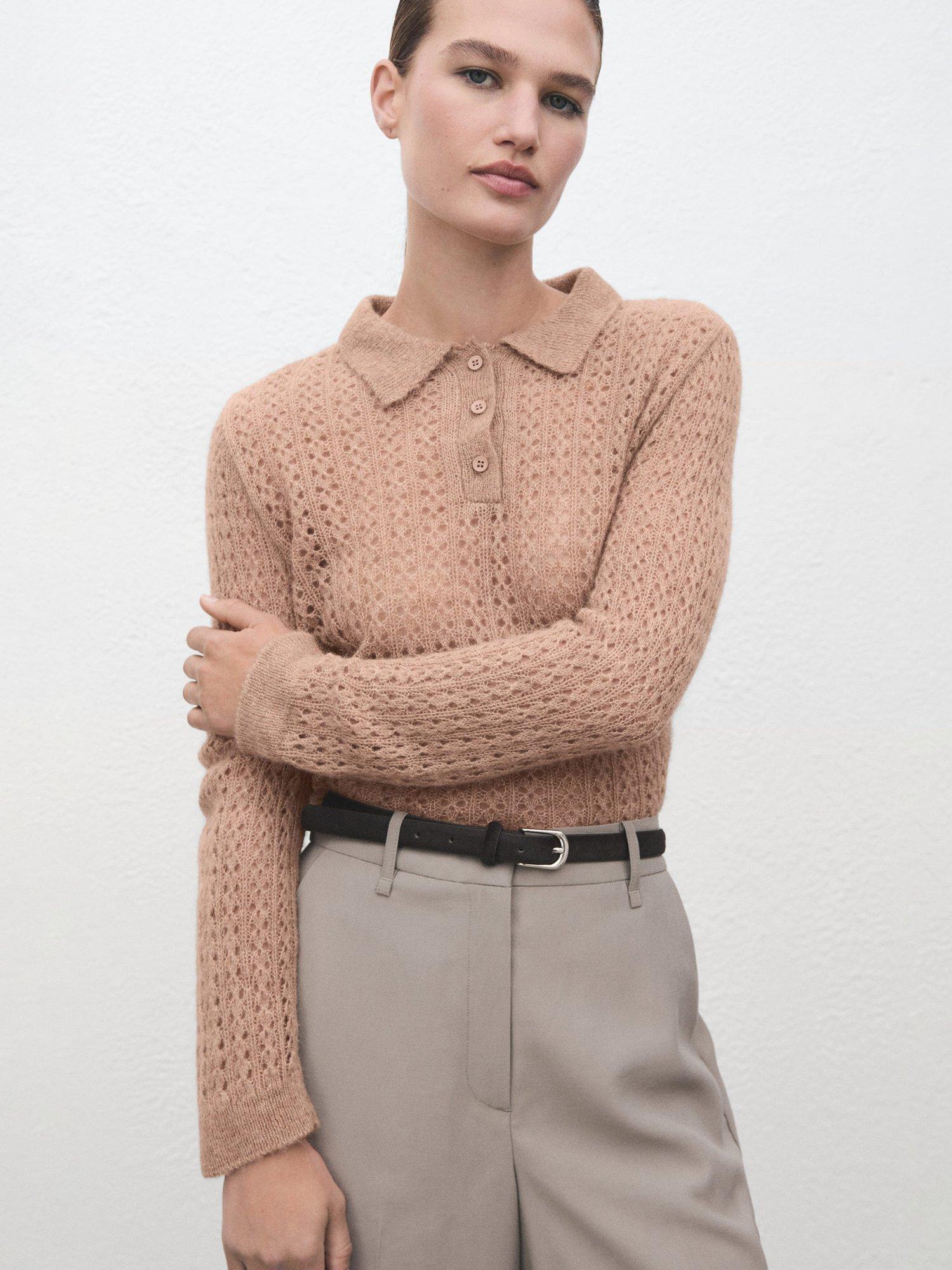 Product image 1 of 8, which shows Mango Nuez Open Knit Polo Knit Top, Medium Brown, XS