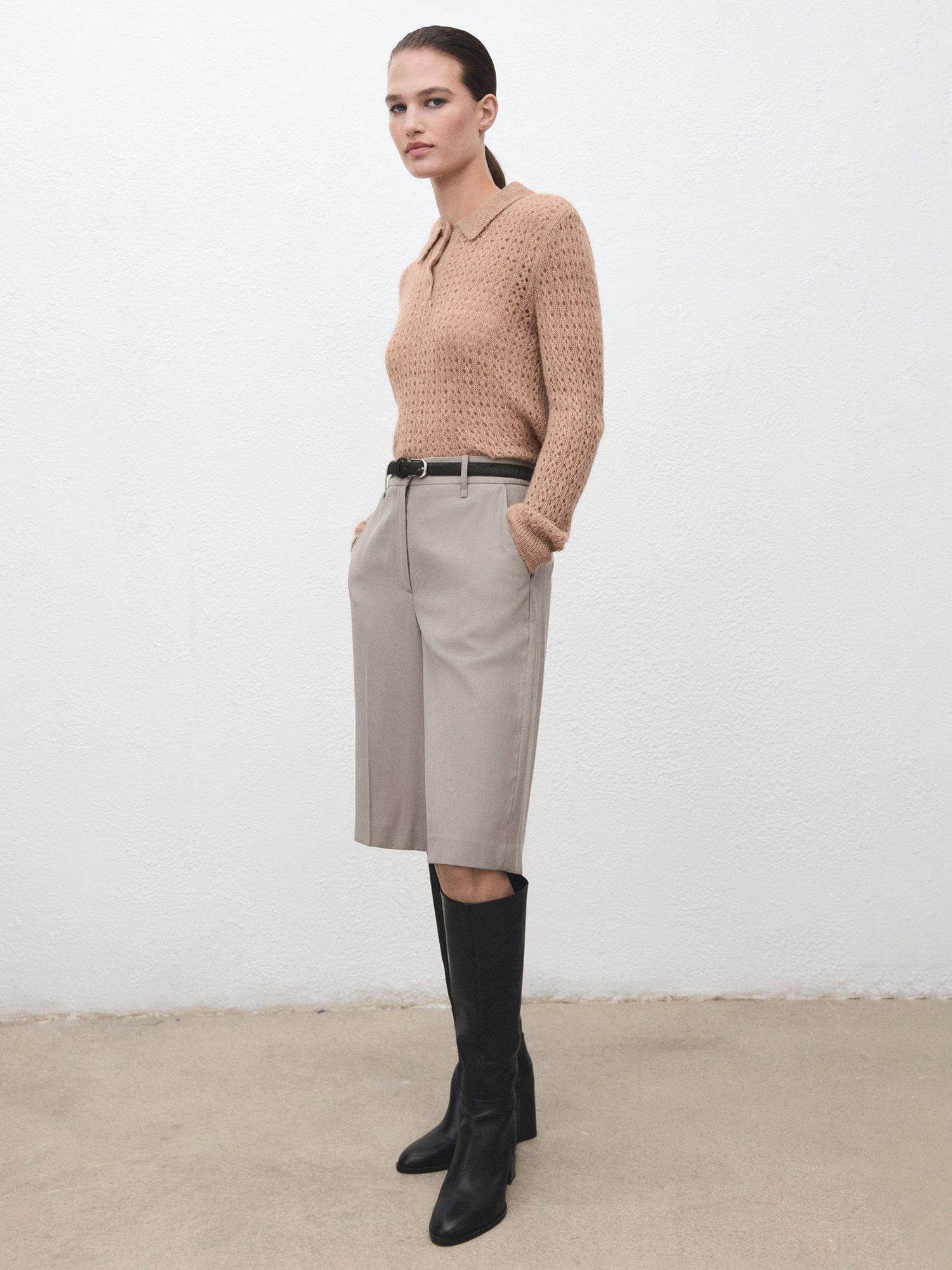 Product image 2 of 8, which shows Mango Nuez Open Knit Polo Knit Top, Medium Brown, XS